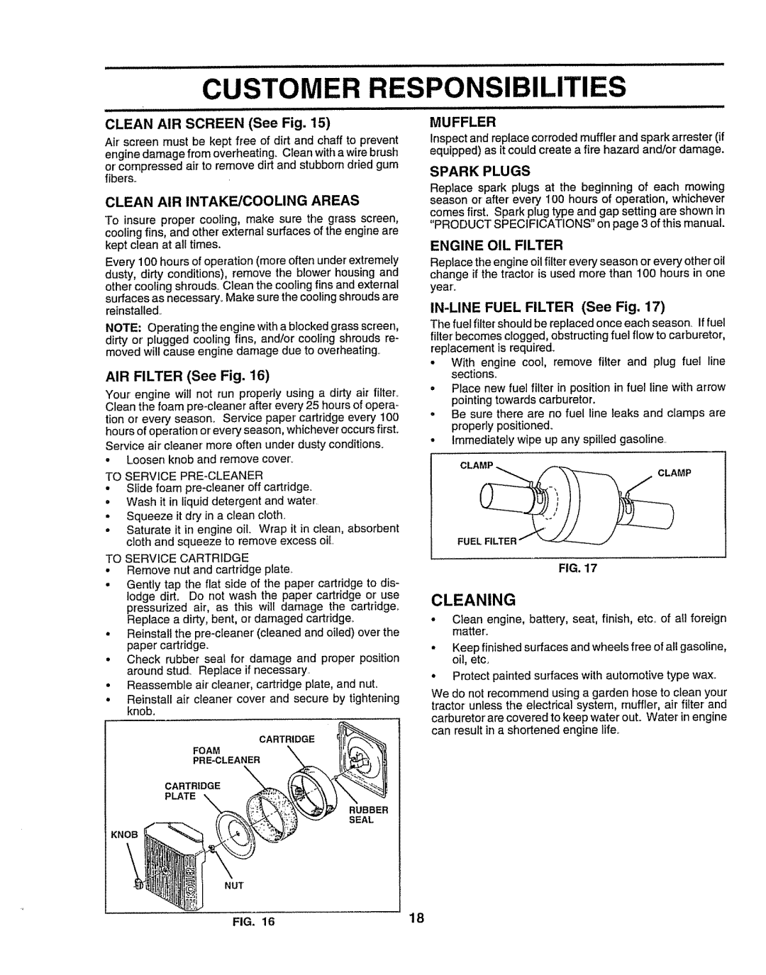 Craftsman 917O251550 owner manual Customer, Cleaning, AIR FILTER See Fig, Muffler, Spark Plugs, Engine Oil Filter 