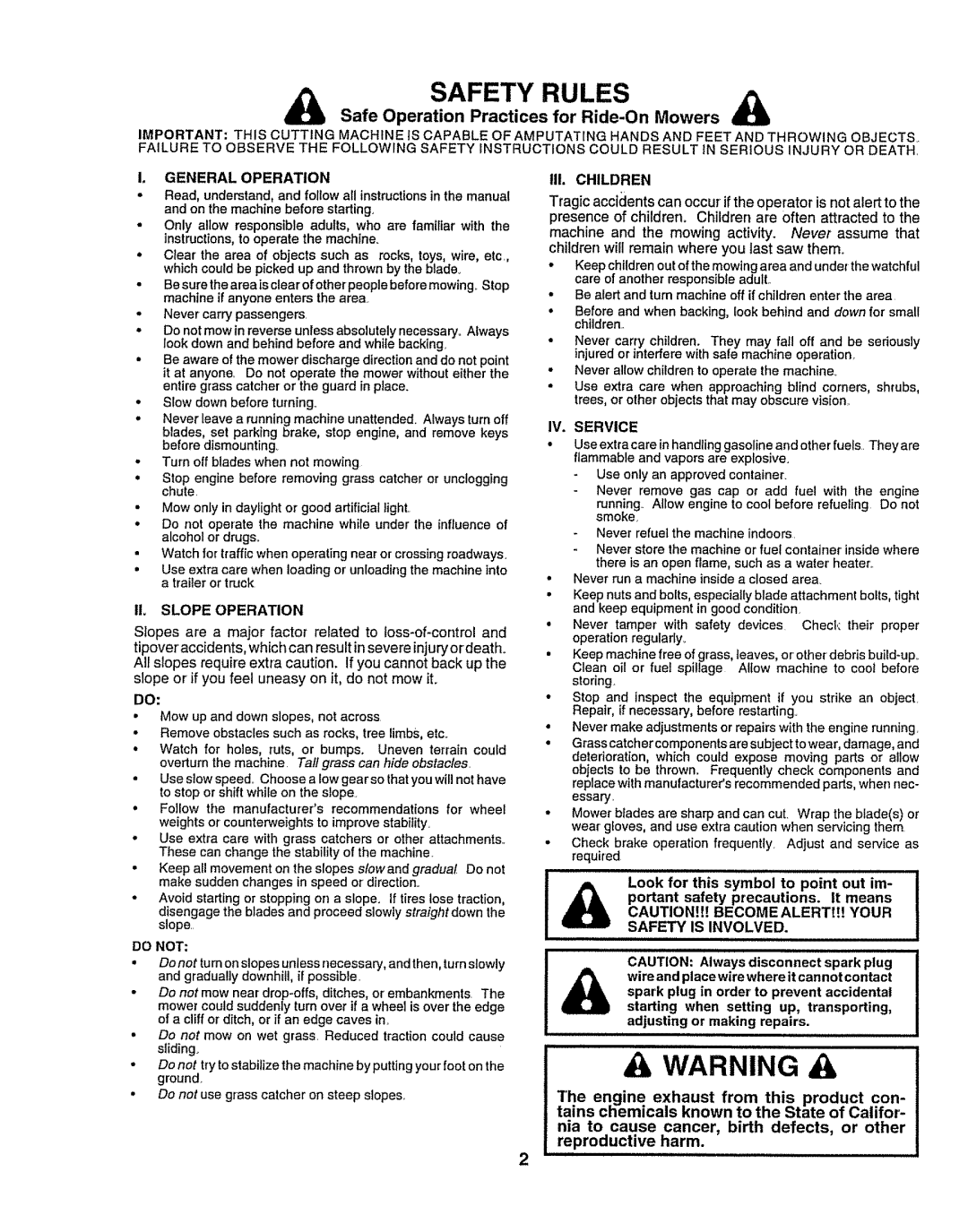 Craftsman 917O251550 Safety Rules, _it Safe Operation Practices for Ride-OnMowers, I1, SLOPE OPERATION, reprductive harm 