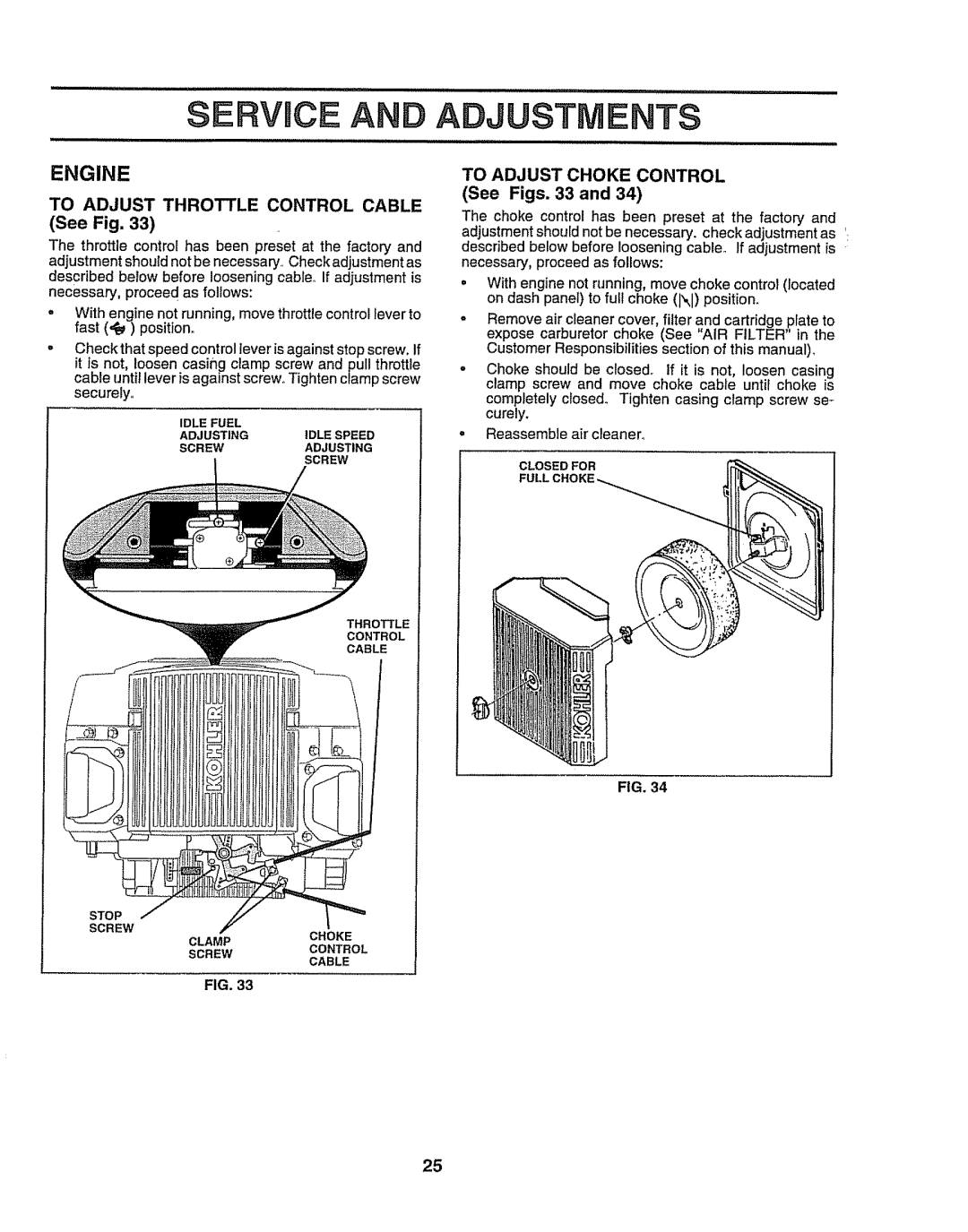 Craftsman 917O251550 owner manual SERVmCE ADJUSTMENTS, Engine, To Adjust Choke Control, See Figs. 33 and 