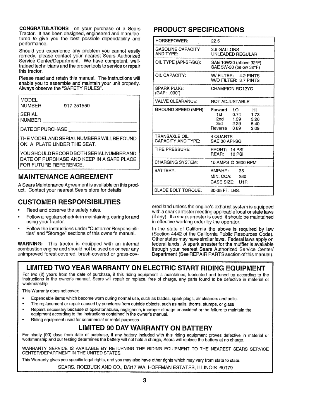 Craftsman 917O251550 owner manual Customer Responsibilities, Maintenance Agreement, Product Specifications 