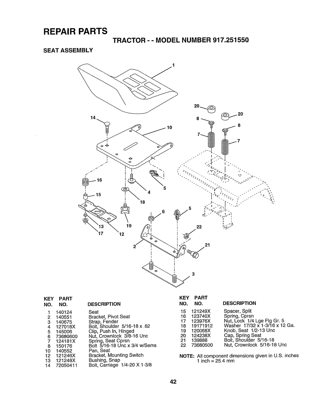 Craftsman 917O251550 owner manual Repair Parts, Seat Assembly, 19 !i 12 2, Description 