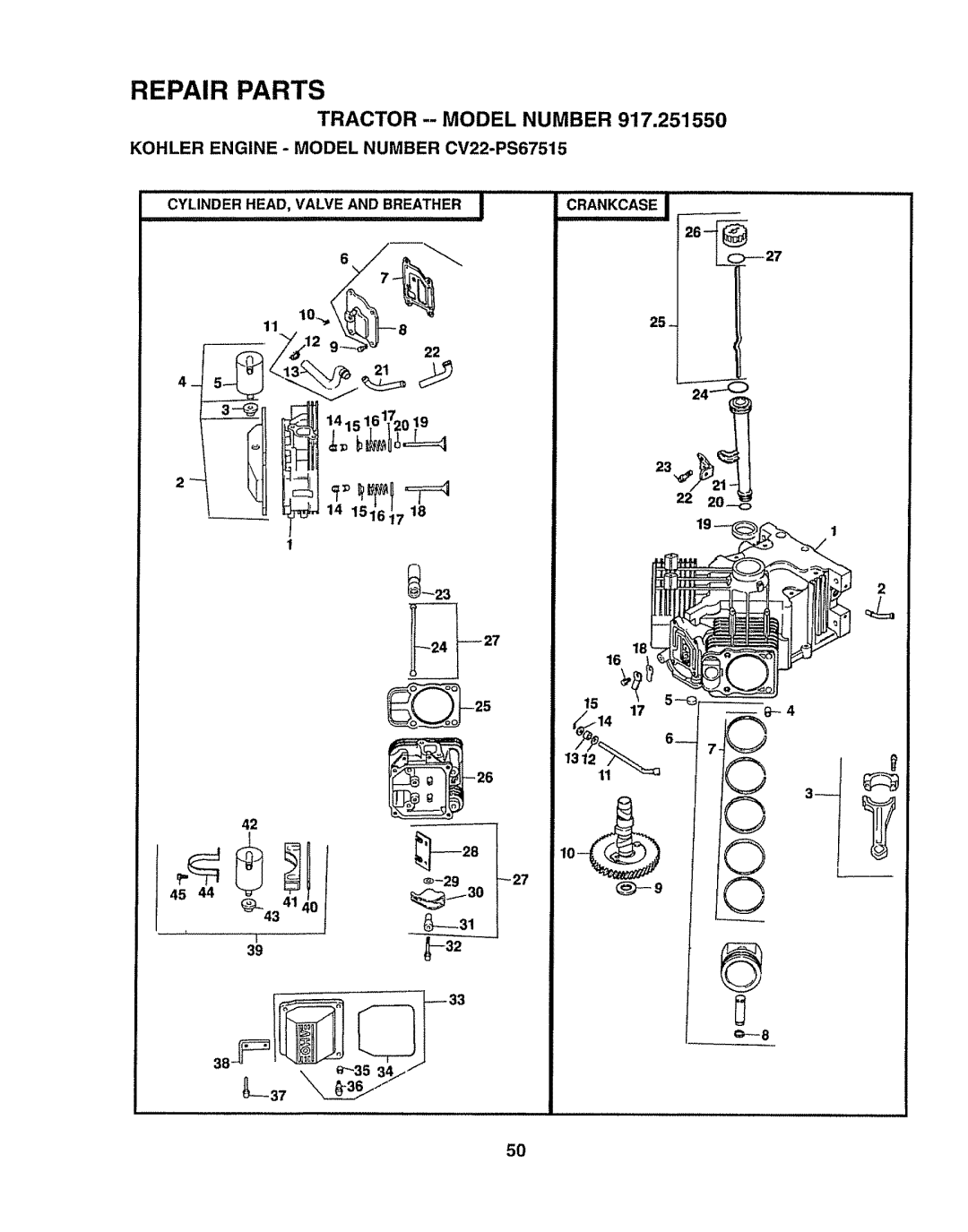 Craftsman 917O251550 owner manual 141s16+_20.19, Repair Parts, KOHLER ENGINE - MODEL NUMBER CV22-PS67515, 14 151617 