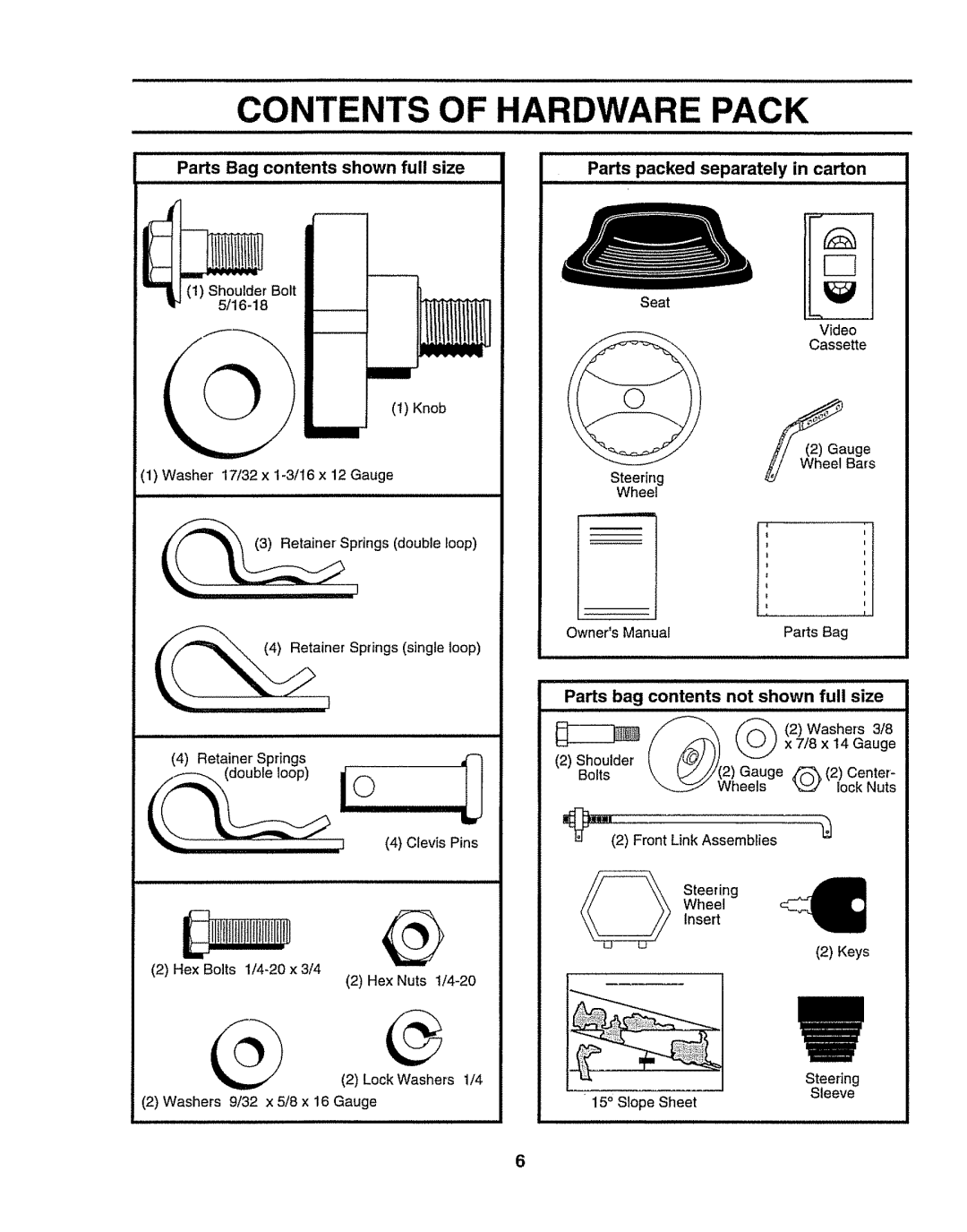 Craftsman 917O251550 Contents Of Hardware Pack, Bag contents, shown full size, Parts packed separately, in carton 