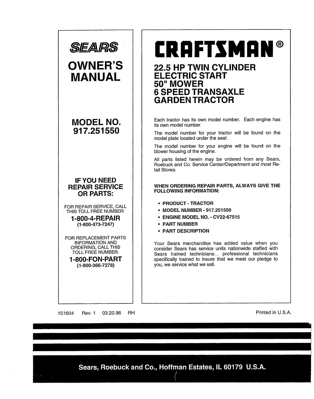 Craftsman 917O251550 Manual, Owners, Model No, 22.5HP TWIN CYLINDER ELECTRIC START 50 MOWER, Repair, Fon-Part, Mi:In 