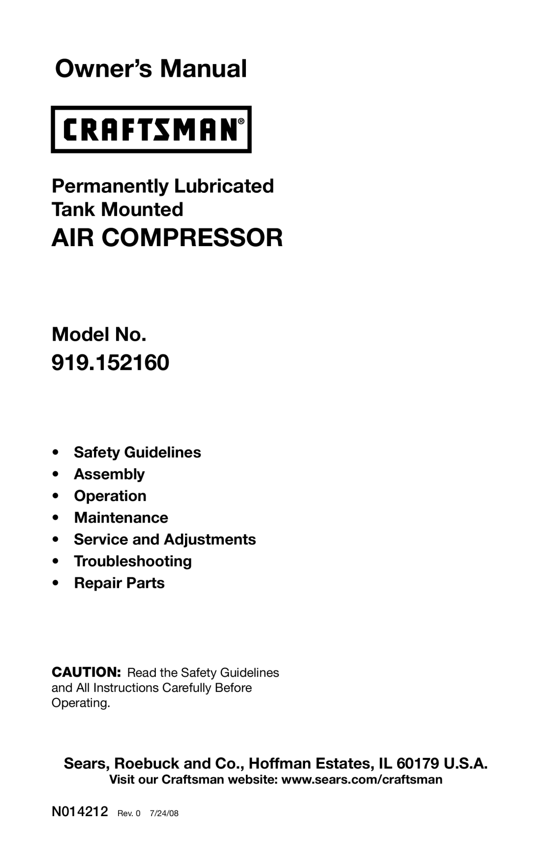 Craftsman 919.15216 owner manual Air Compressor 