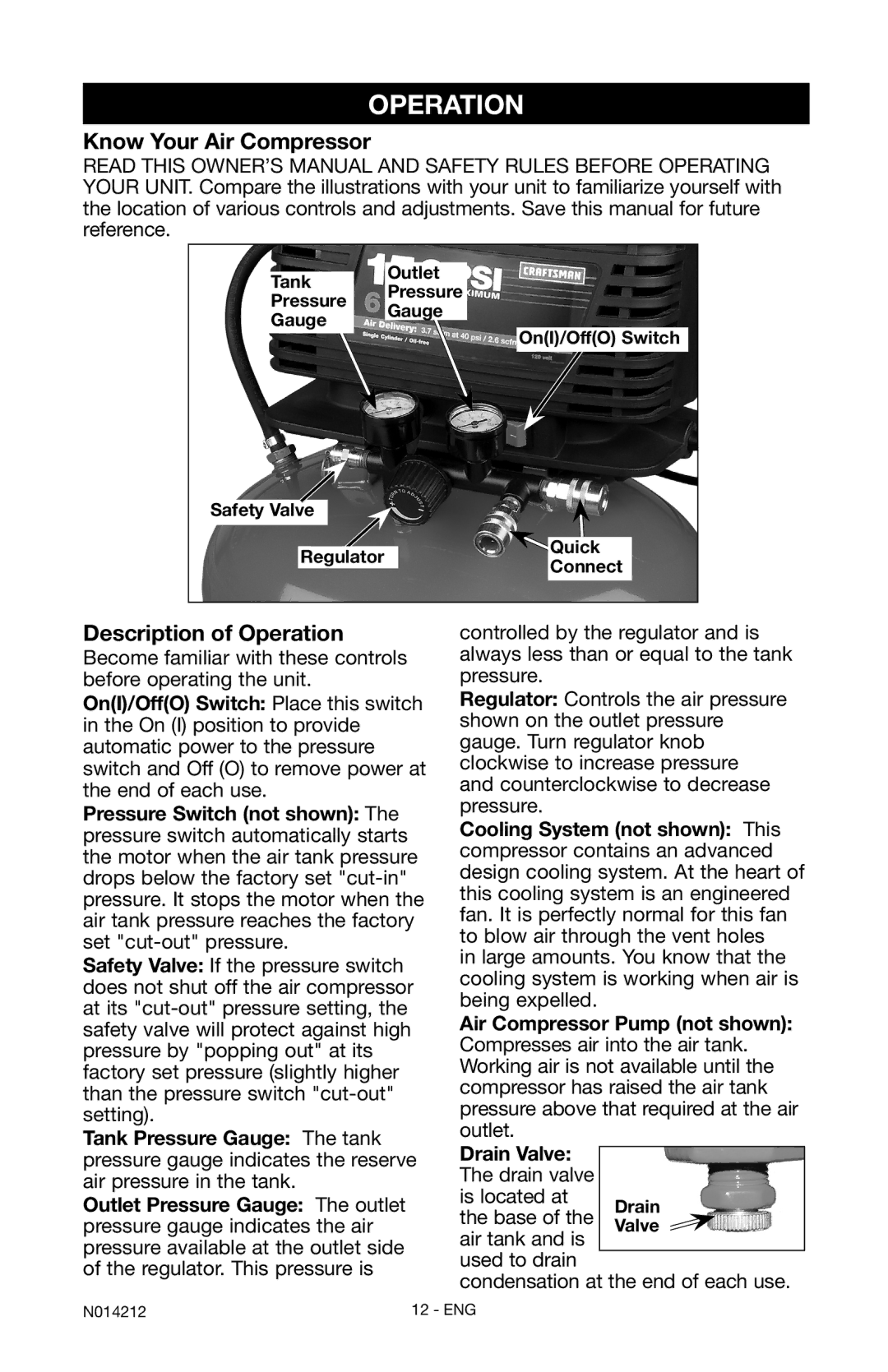 Craftsman 919.15216 owner manual Know Your Air Compressor, Description of Operation 