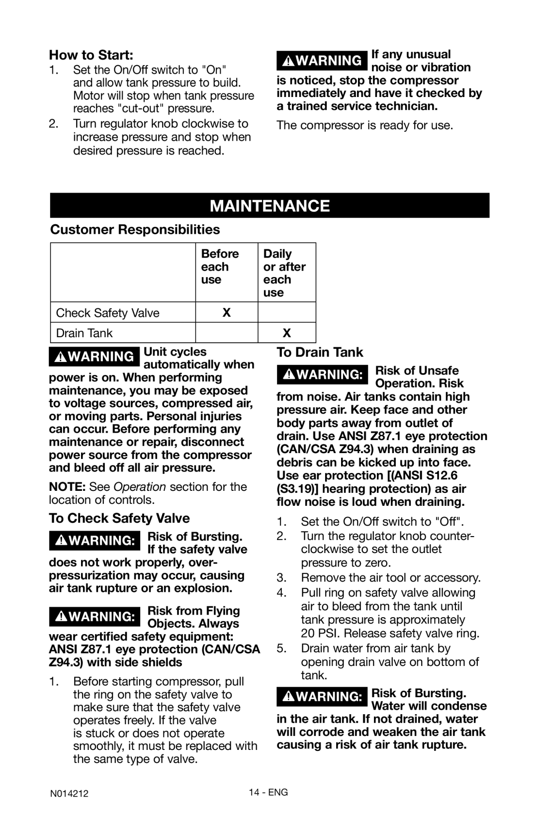 Craftsman 919.15216 owner manual Maintenance, How to Start, Customer Responsibilities, To Drain Tank, To Check Safety Valve 