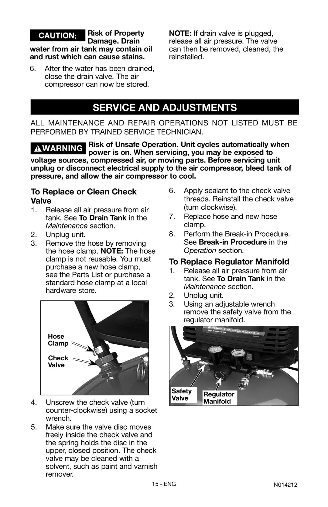 Craftsman 919.15216 owner manual Service and Adjustments, To Replace or Clean Check Valve, To Replace Regulator Manifold 