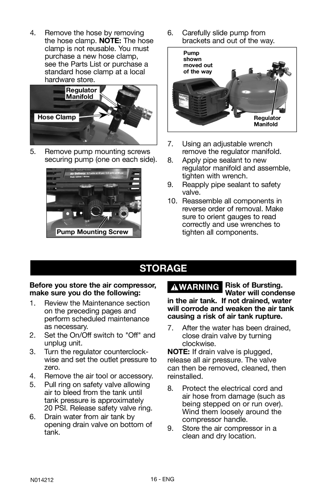 Craftsman 919.15216 owner manual Storage, Carefully slide pump from brackets and out of the way 