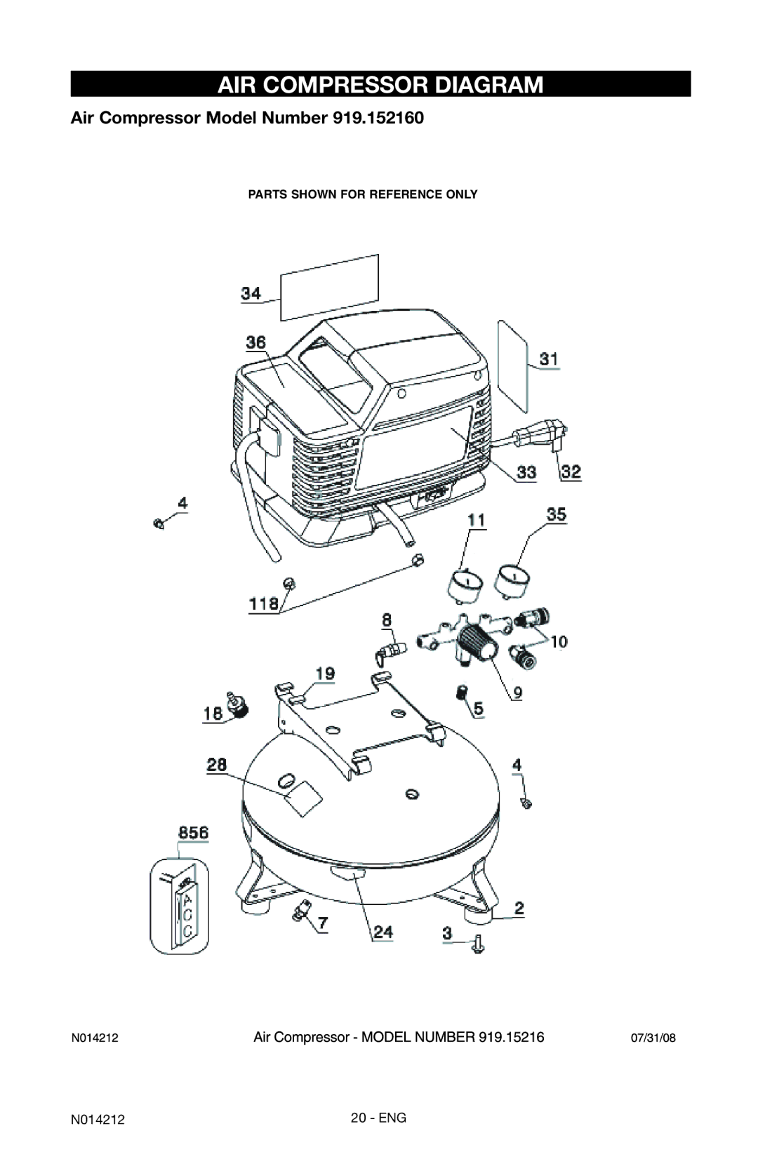 Craftsman 919.15216 owner manual AIR Compressor Diagram, Air Compressor Model Number 