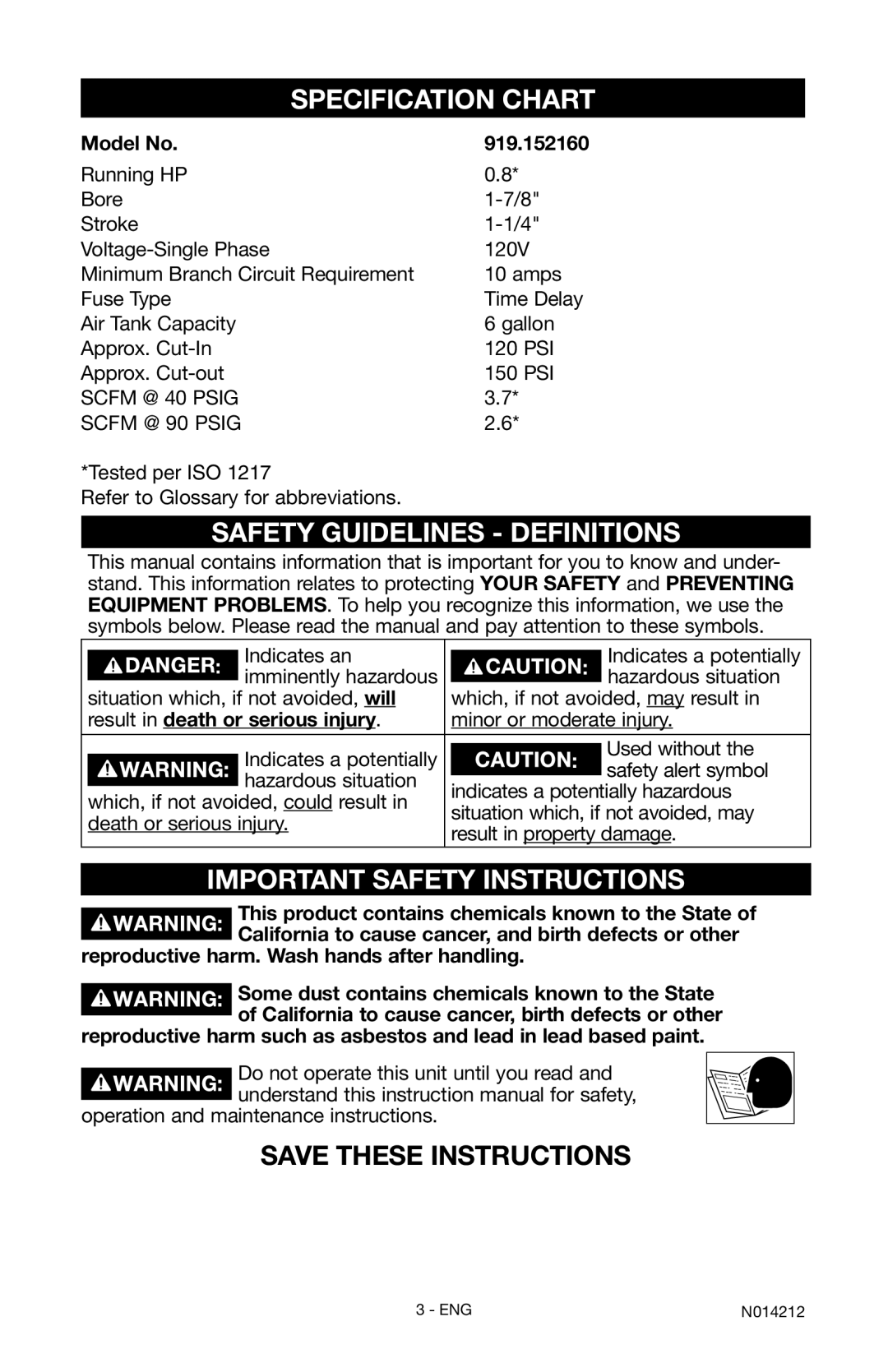 Craftsman Specification Chart, Safety Guidelines Definitions, Important Safety Instructions, Model No 919.152160 