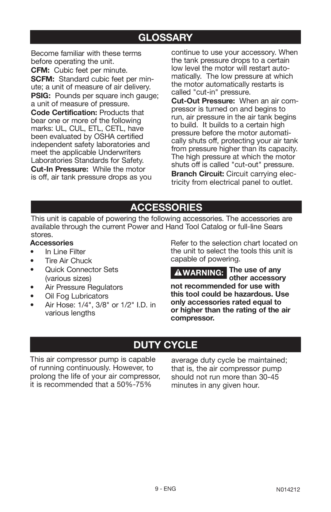 Craftsman 919.15216 owner manual Glossary, Accessories 