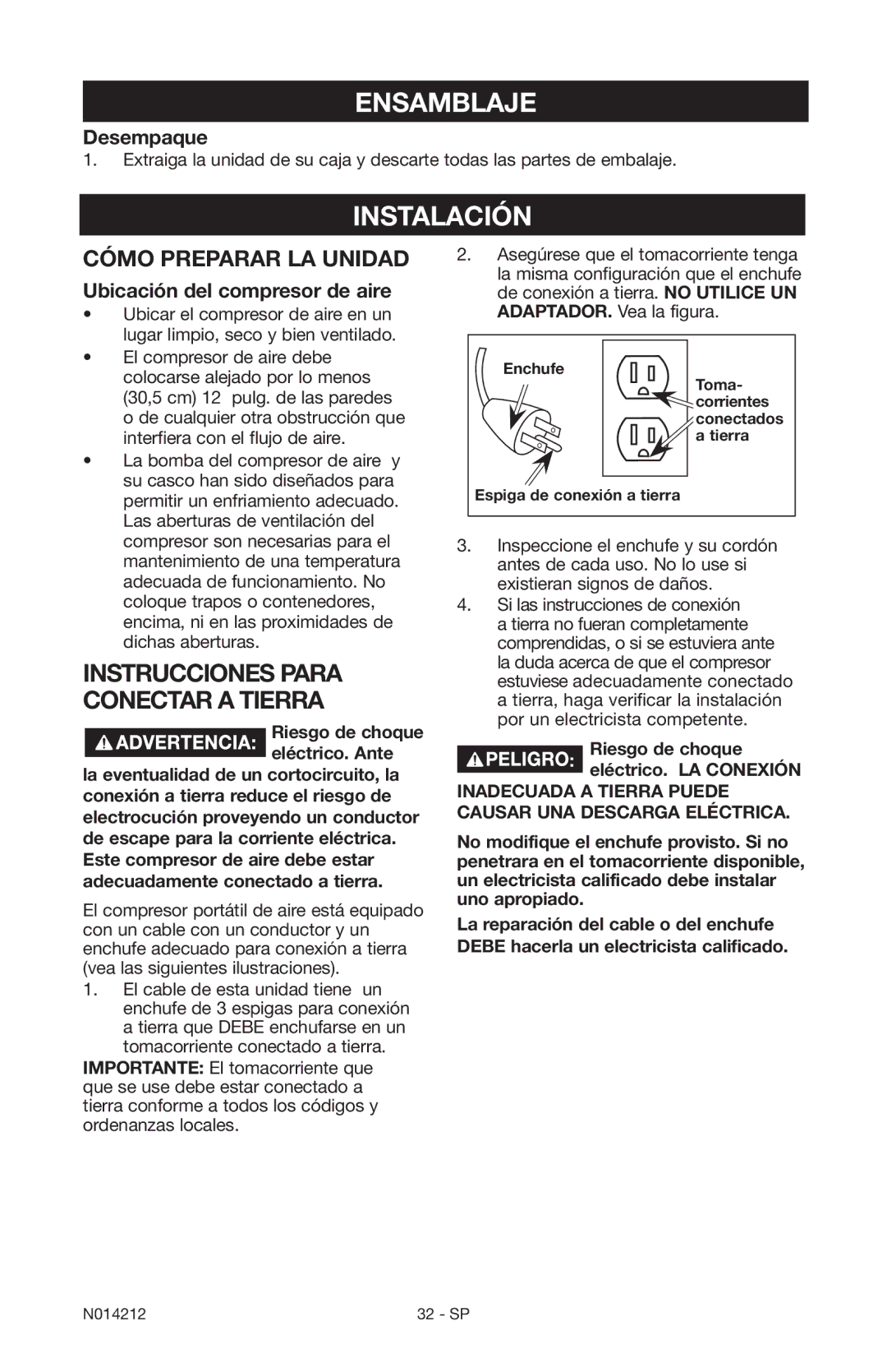 Craftsman 919.15216 owner manual Ensamblaje, Instalación, Desempaque, Ubicación del compresor de aire 