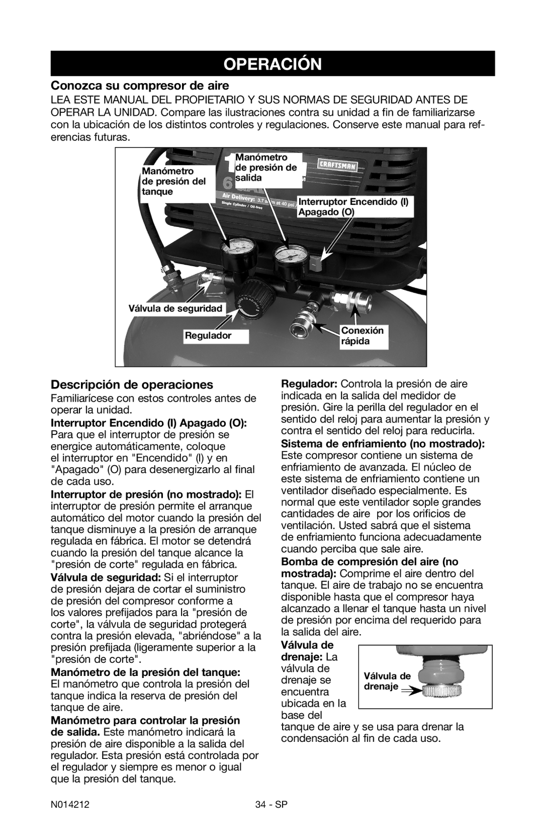 Craftsman 919.15216 owner manual Operación, Conozca su compresor de aire, Descripción de operaciones 