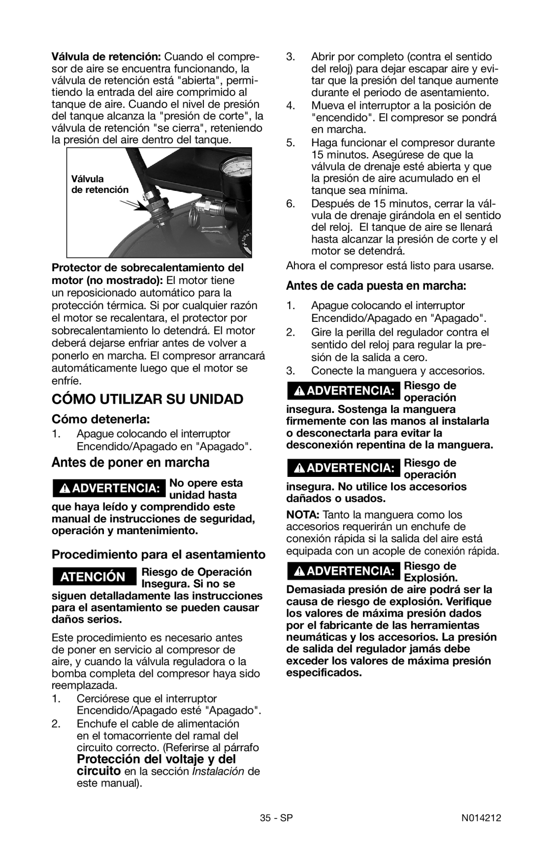 Craftsman 919.15216 owner manual Cómo detenerla, Procedimiento para el asentamiento, Antes de cada puesta en marcha 