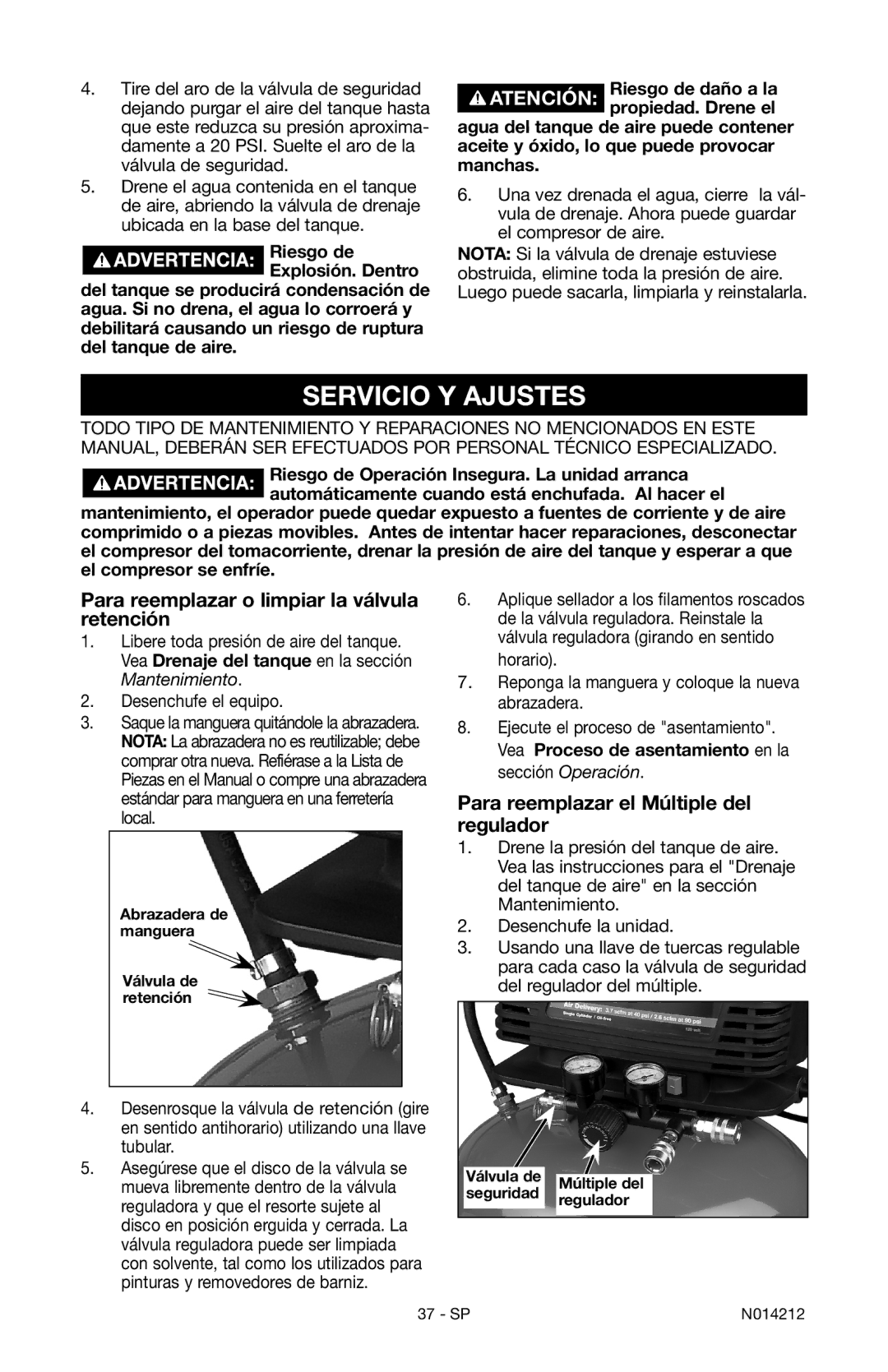 Craftsman 919.15216 owner manual Servicio Y Ajustes, Para reemplazar o limpiar la válvula retención 