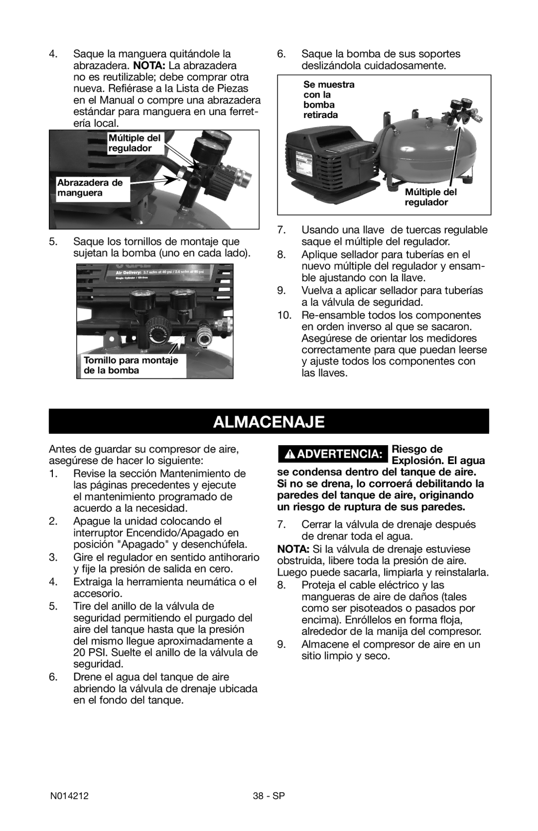 Craftsman 919.15216 owner manual Almacenaje, Riesgo de Explosión. El agua 