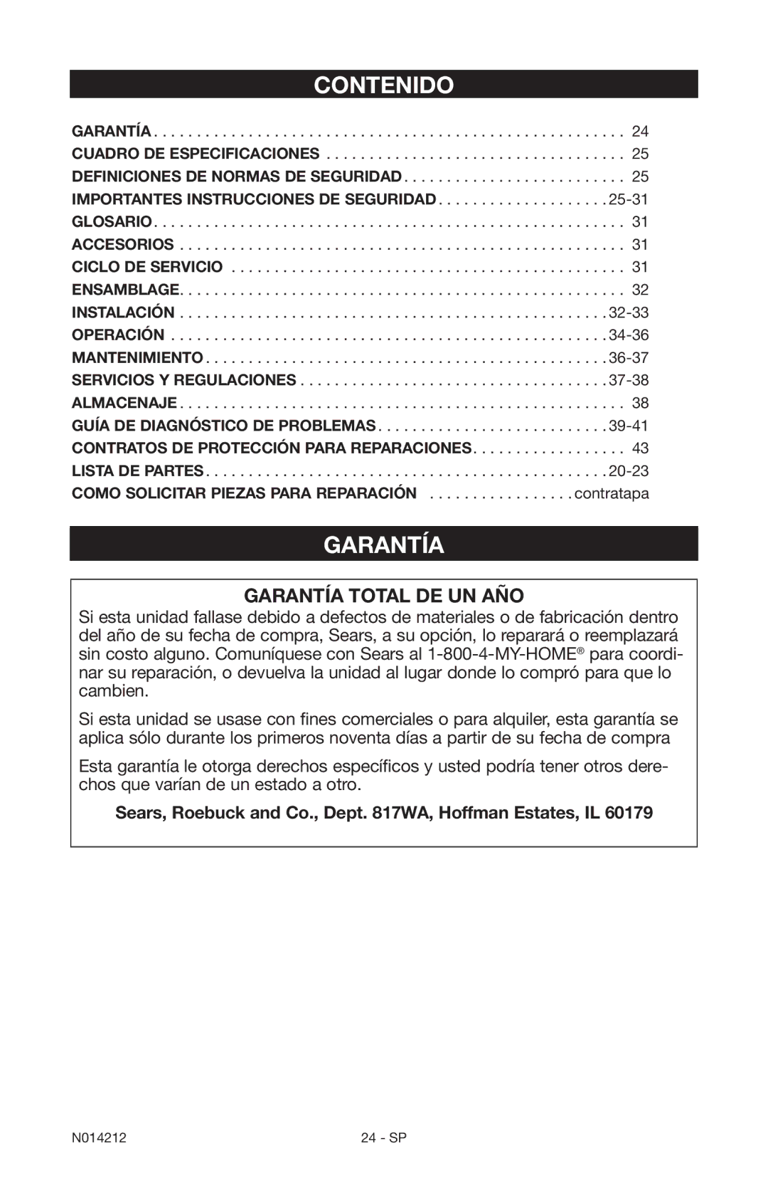 Craftsman 919.15216 owner manual Contenido, Garantía, Sears, Roebuck and Co., Dept WA, Hoffman Estates, IL 