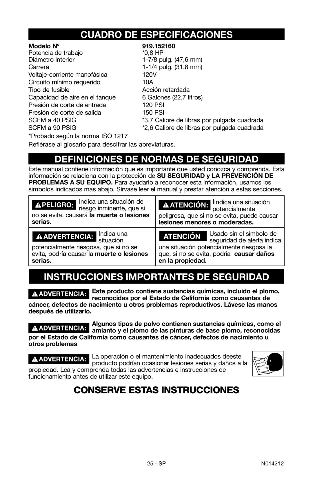 Craftsman 919.15216 owner manual Cuadro DE Especificaciones, Definiciones DE Normas DE Seguridad 