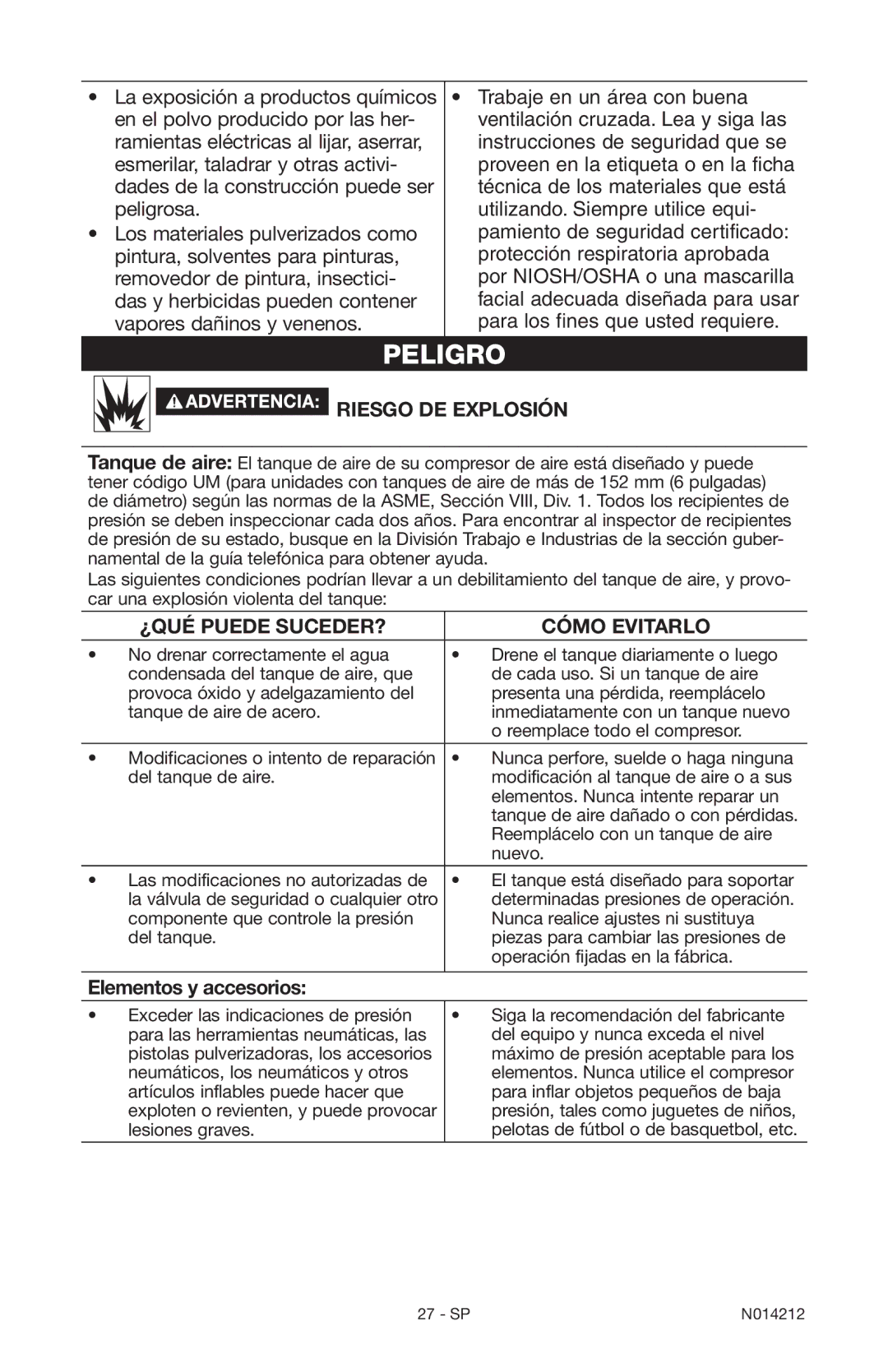 Craftsman 919.15216 owner manual Riesgo de explosión, Elementos y accesorios 