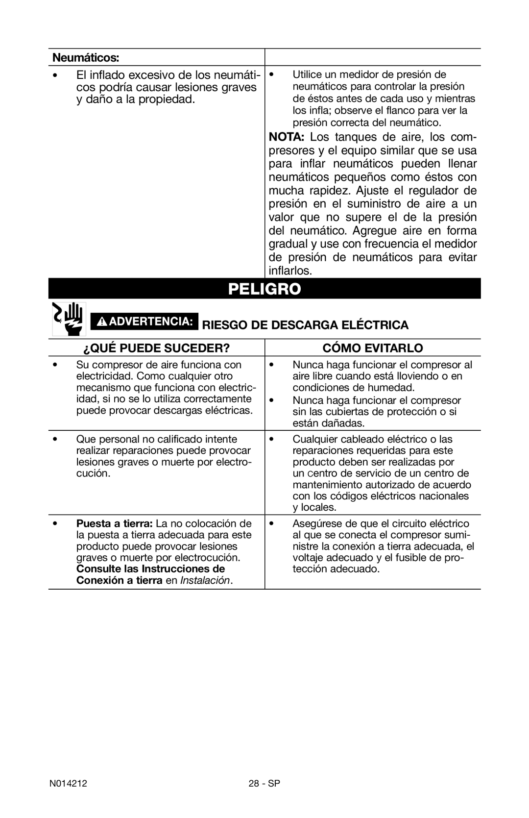 Craftsman 919.15216 owner manual Neumáticos, Consulte las Instrucciones de, Conexión a tierra en Instalación 