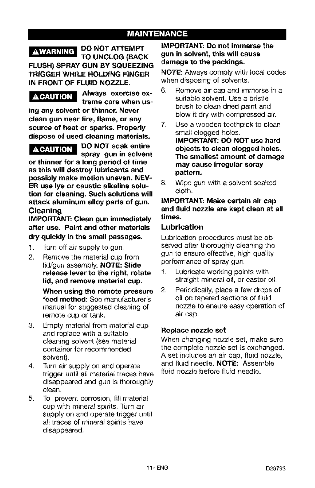 Craftsman 919.15519 owner manual Lubrication, Replace nozzle set 