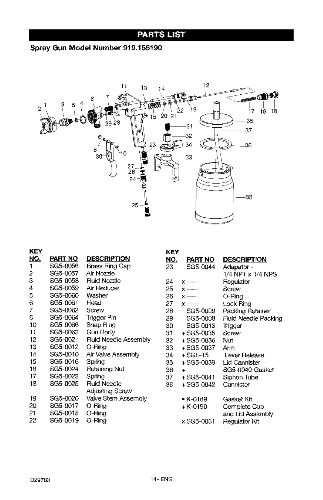 Craftsman 919.15519 owner manual Spray Gun Model Number, KEY Description 