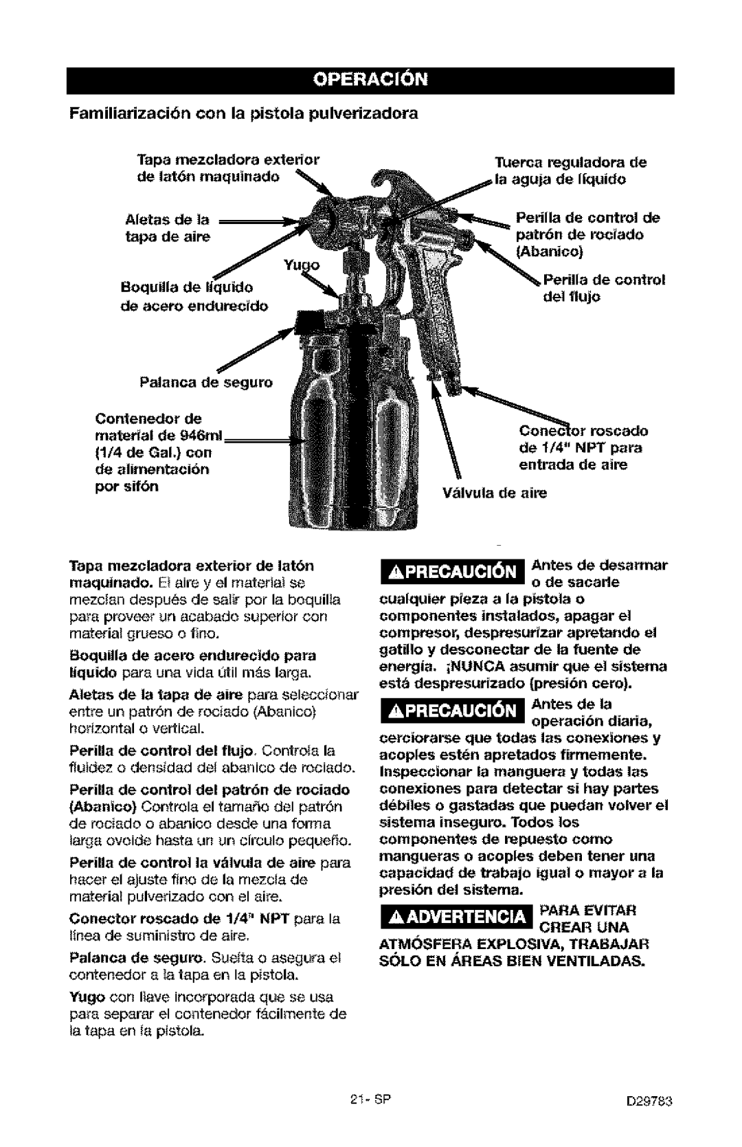 Craftsman 919.15519 owner manual Familiarizaci6n con la pistola pulverizadora 