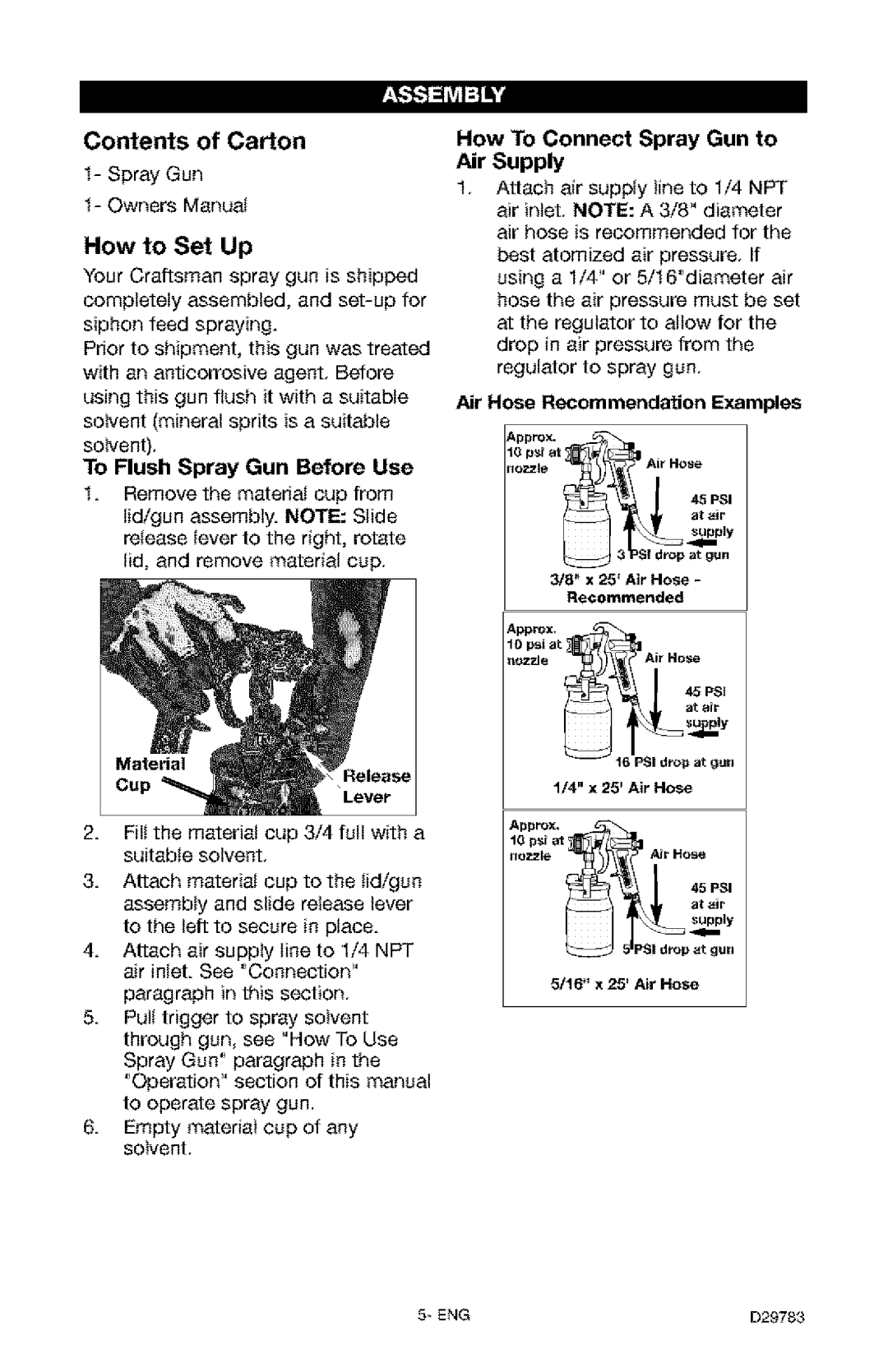 Craftsman 919.15519 owner manual Contents of Carton, How to Set Up, How To Connect Spray Gun to Air Supply, Cup 