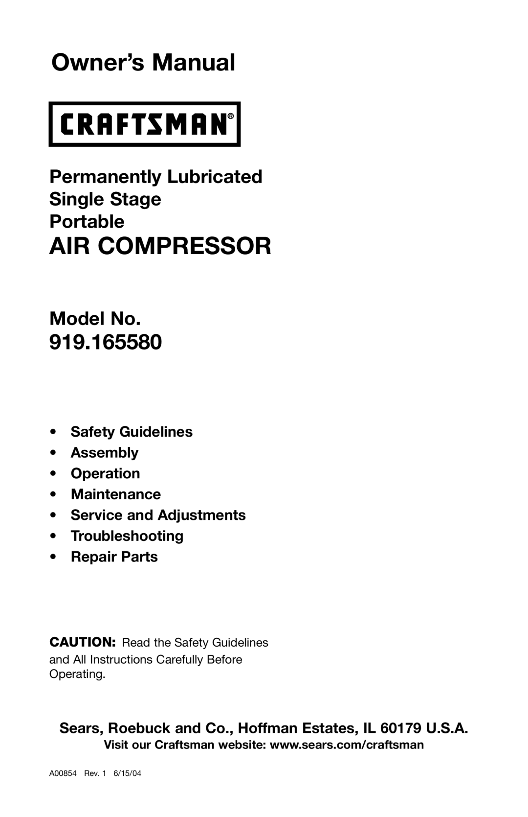 Craftsman 919.16558 owner manual AIR Compressor 