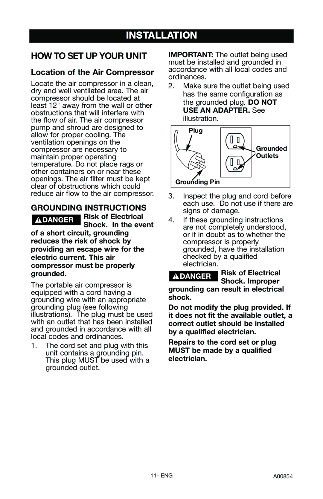 Craftsman 919.16558 owner manual Installation, Location of the Air Compressor, Grounding Instructions 