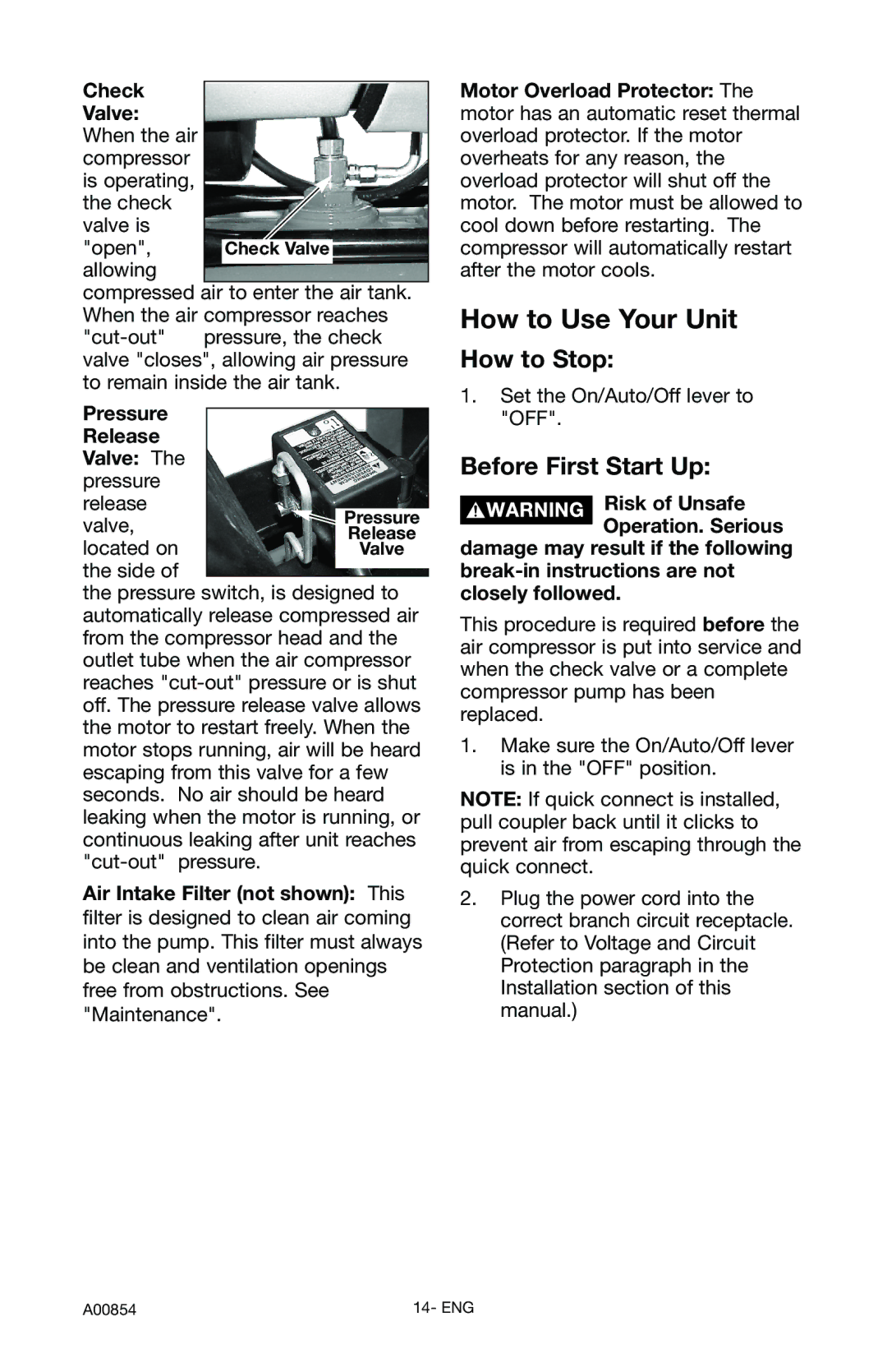 Craftsman 919.16558 owner manual Check Valve When the air compressor, Pressure Release Valve The pressure release 