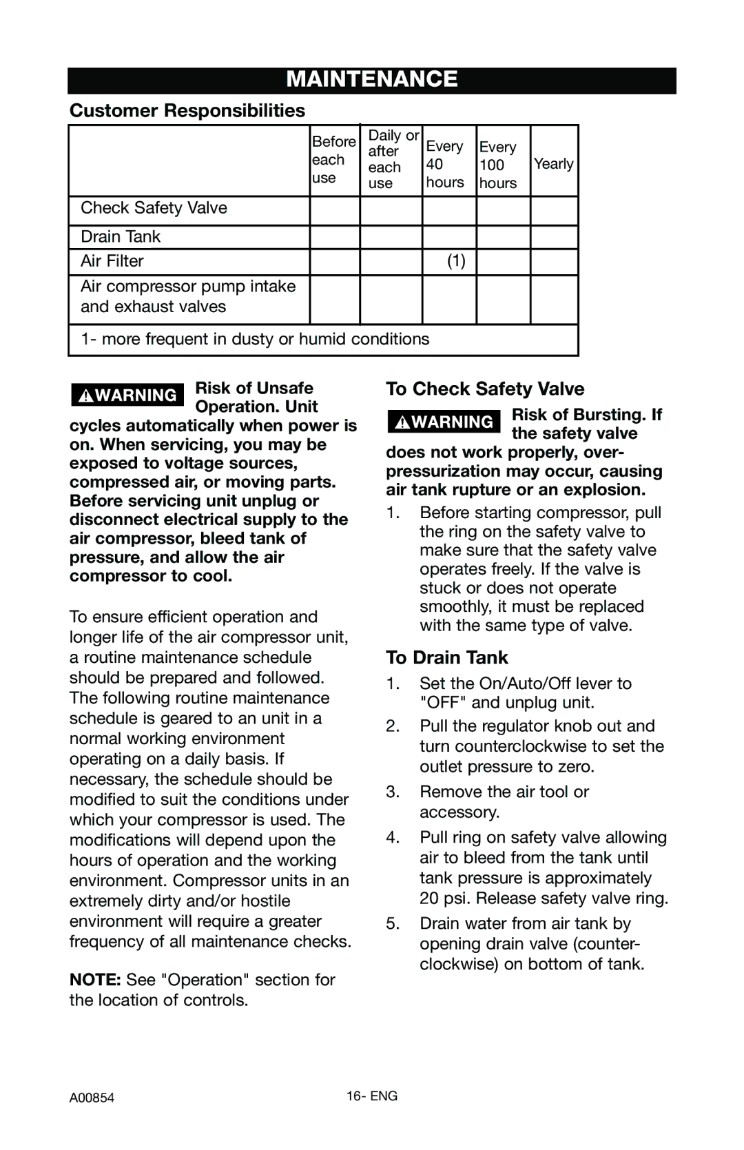 Craftsman 919.16558 owner manual Maintenance, Customer Responsibilities, To Check Safety Valve, To Drain Tank 