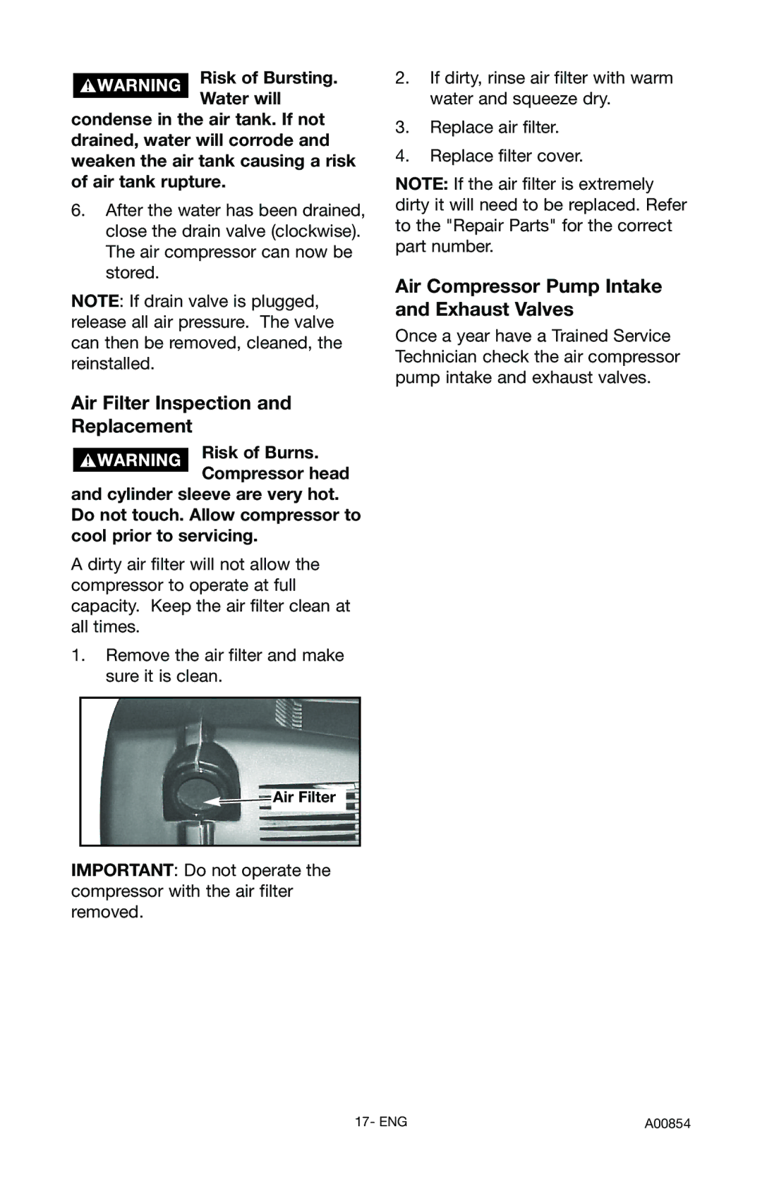 Craftsman 919.16558 owner manual Air Filter Inspection Replacement, Air Compressor Pump Intake and Exhaust Valves 