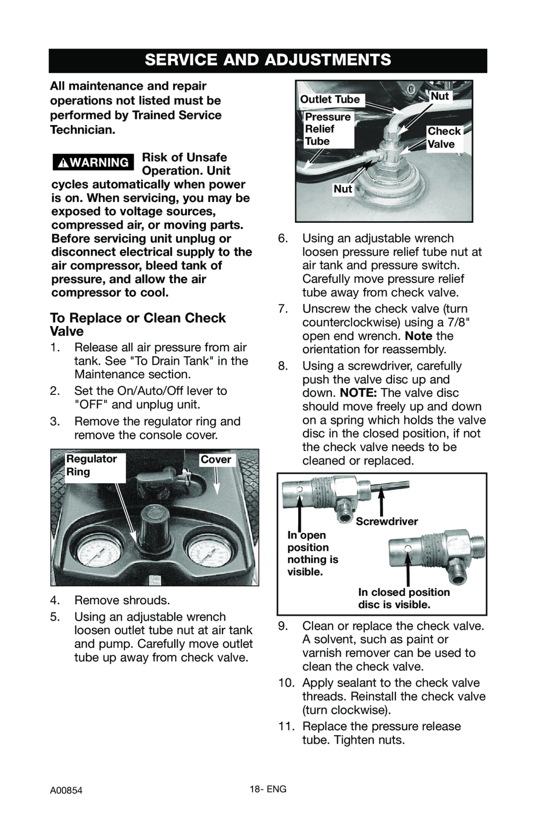 Craftsman 919.16558 owner manual Service and Adjustments, To Replace or Clean Check Valve, Ring 