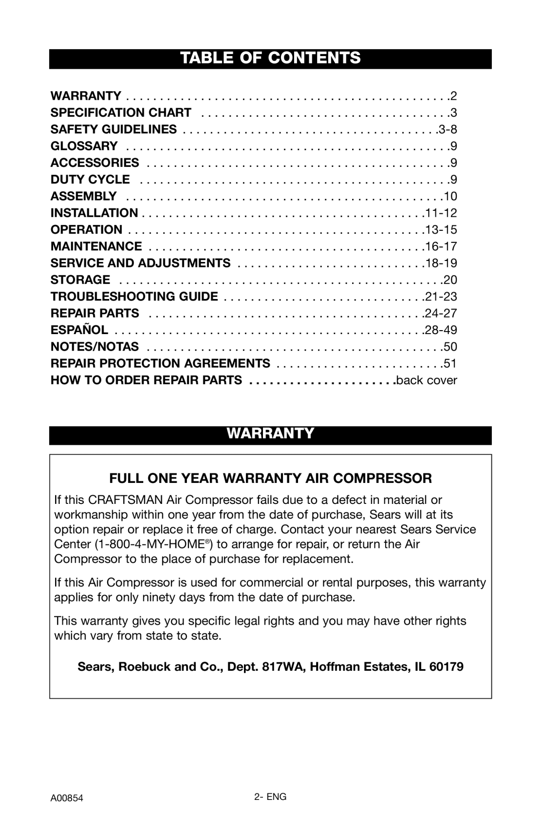 Craftsman 919.16558 owner manual Table of Contents 