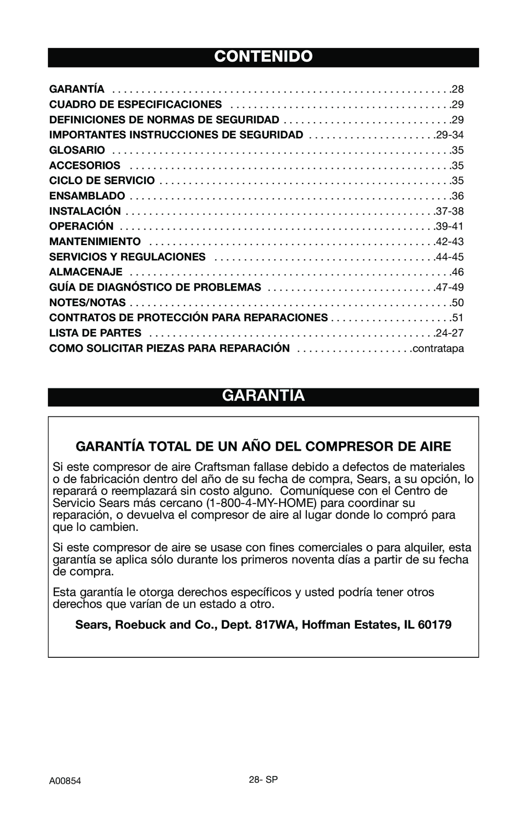 Craftsman 919.16558 owner manual Contenido, Garantía Total DE UN AÑO DEL Compresor DE Aire 