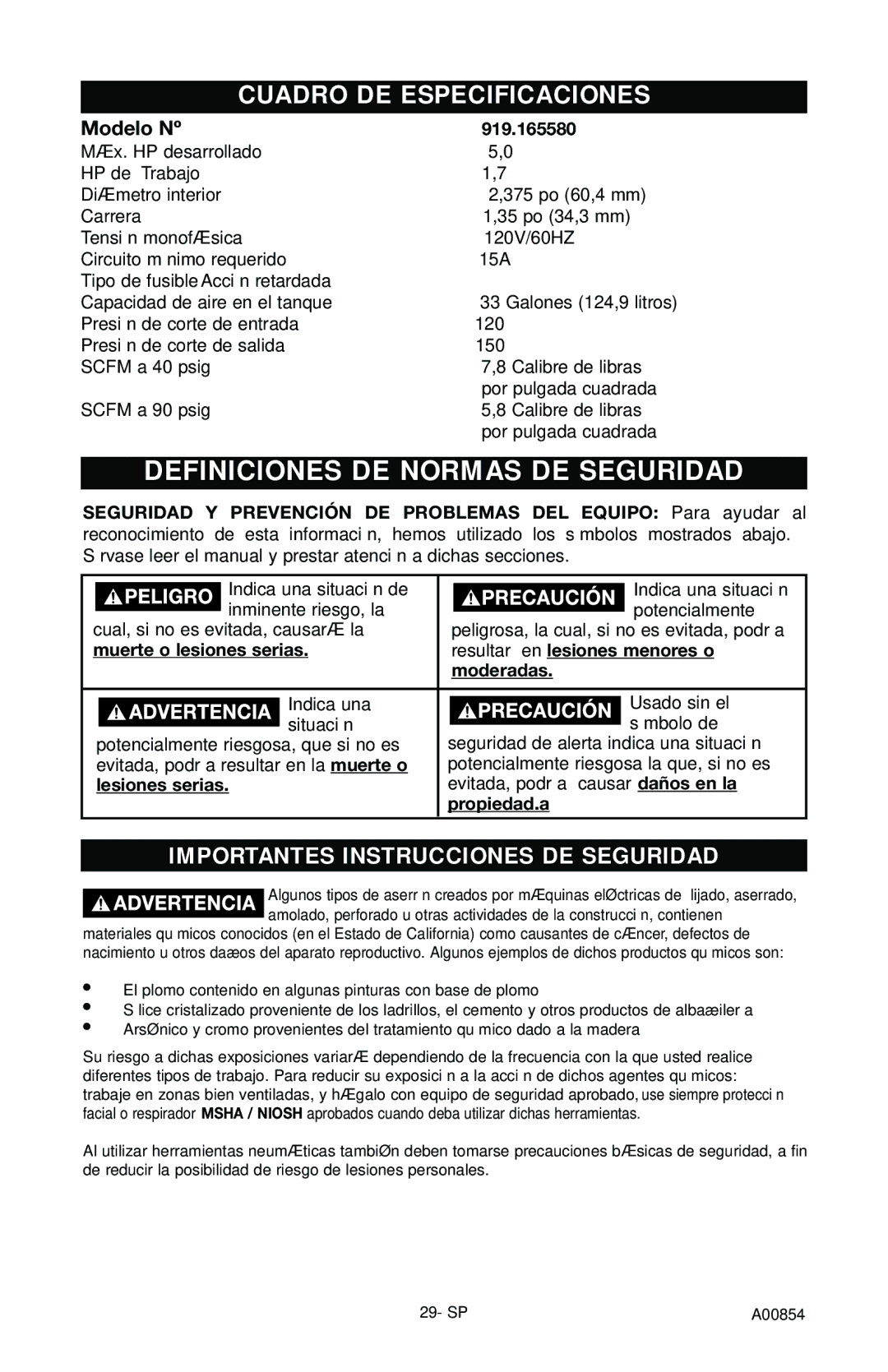 Craftsman 919.16558 owner manual Definiciones DE Normas DE Seguridad, Modelo Nº, Lesiones serias, Propiedad.a 