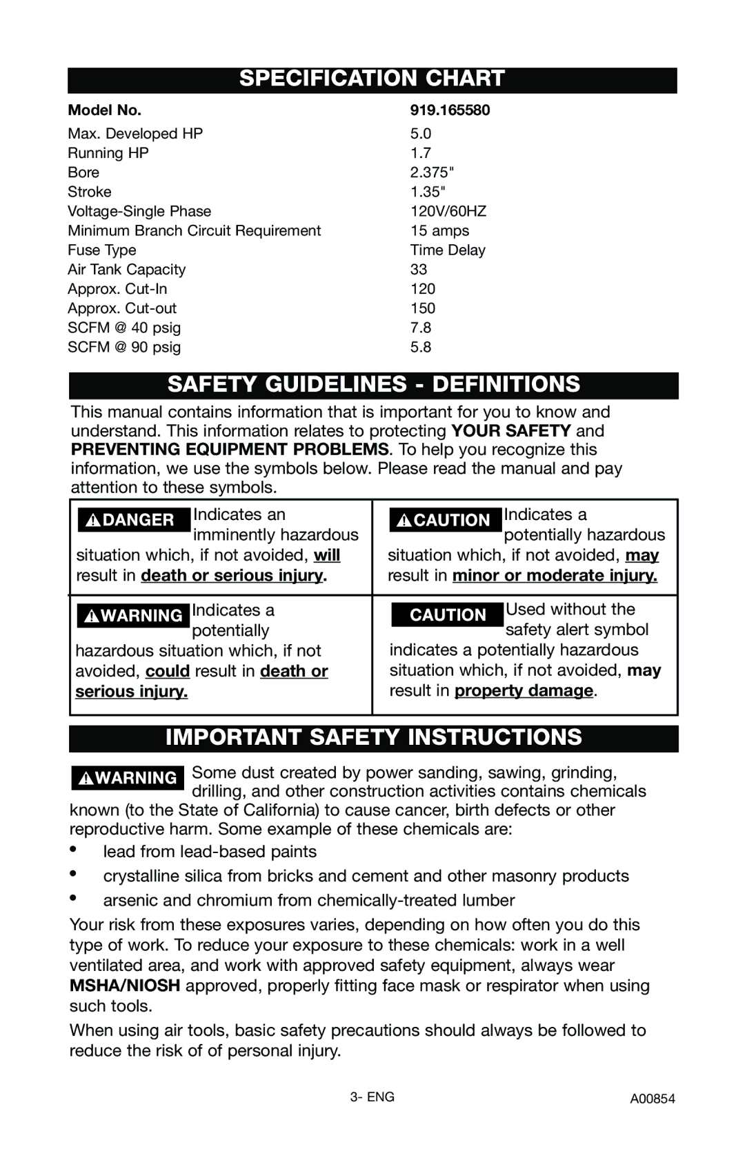 Craftsman Specification Chart, Safety Guidelines Definitions, Important Safety Instructions, Model No 919.165580 