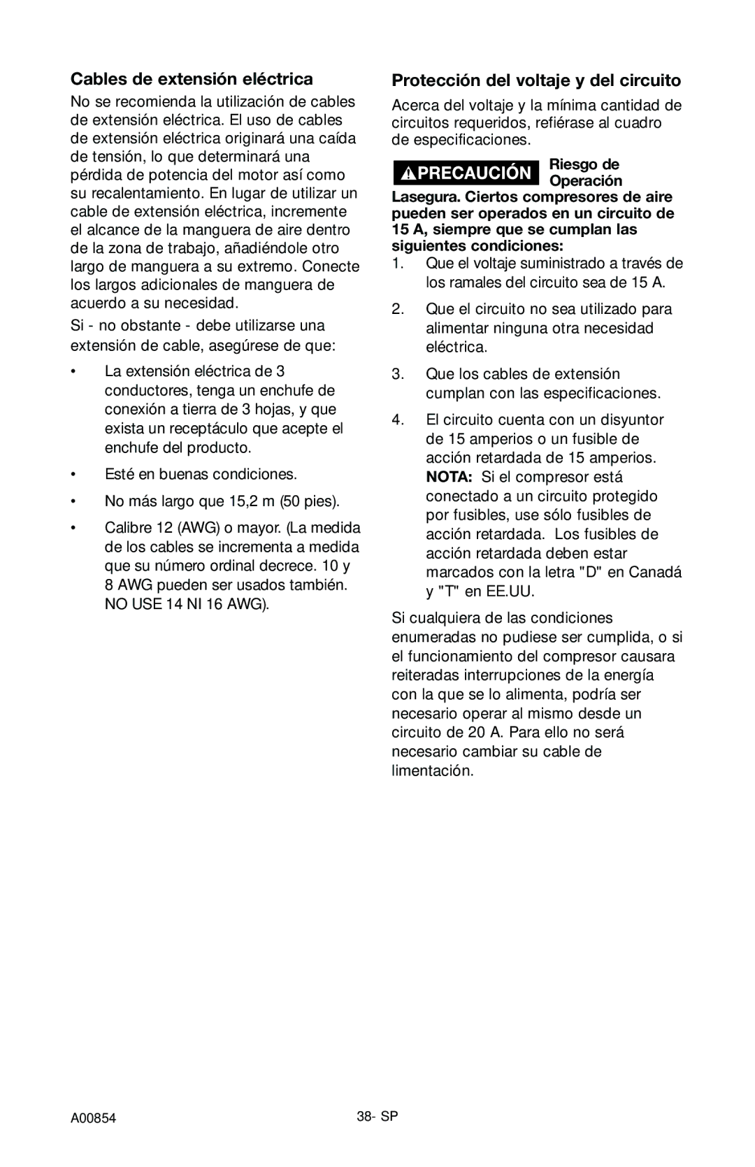 Craftsman 919.16558 owner manual Cables de extensión eléctrica, Protección del voltaje y del circuito 