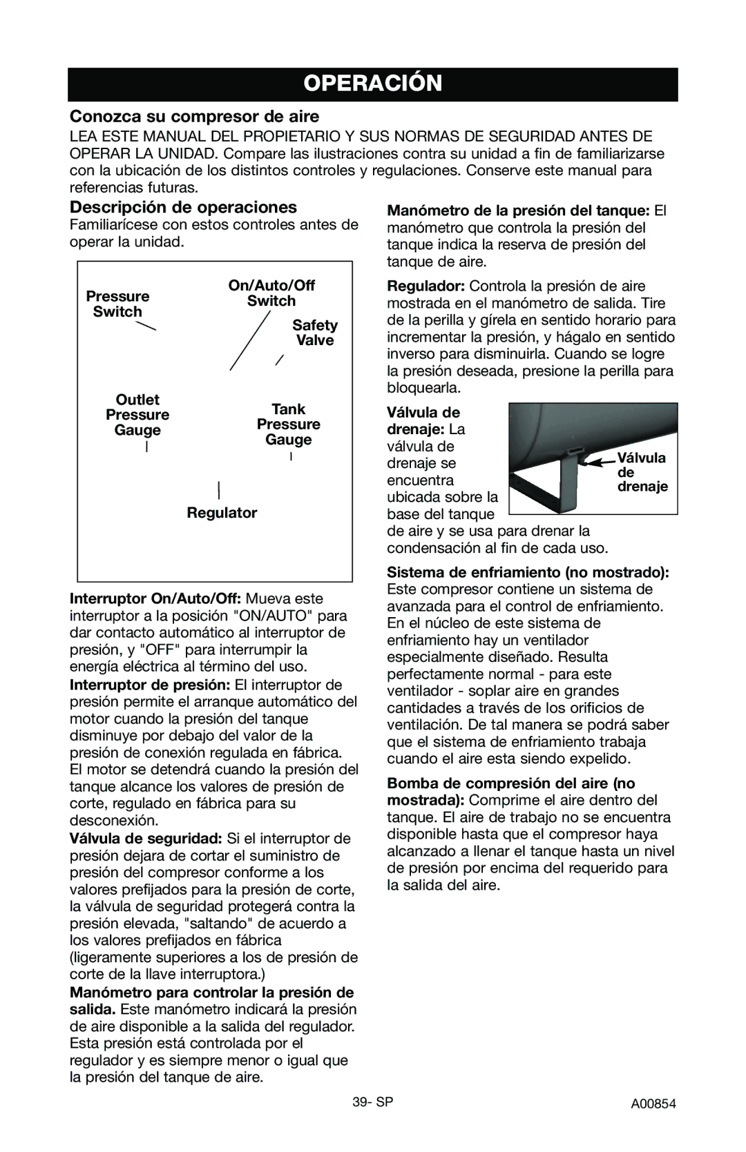 Craftsman 919.16558 owner manual Operación, Conozca su compresor de aire, Descripción de operaciones, Válvula de Drenaje La 