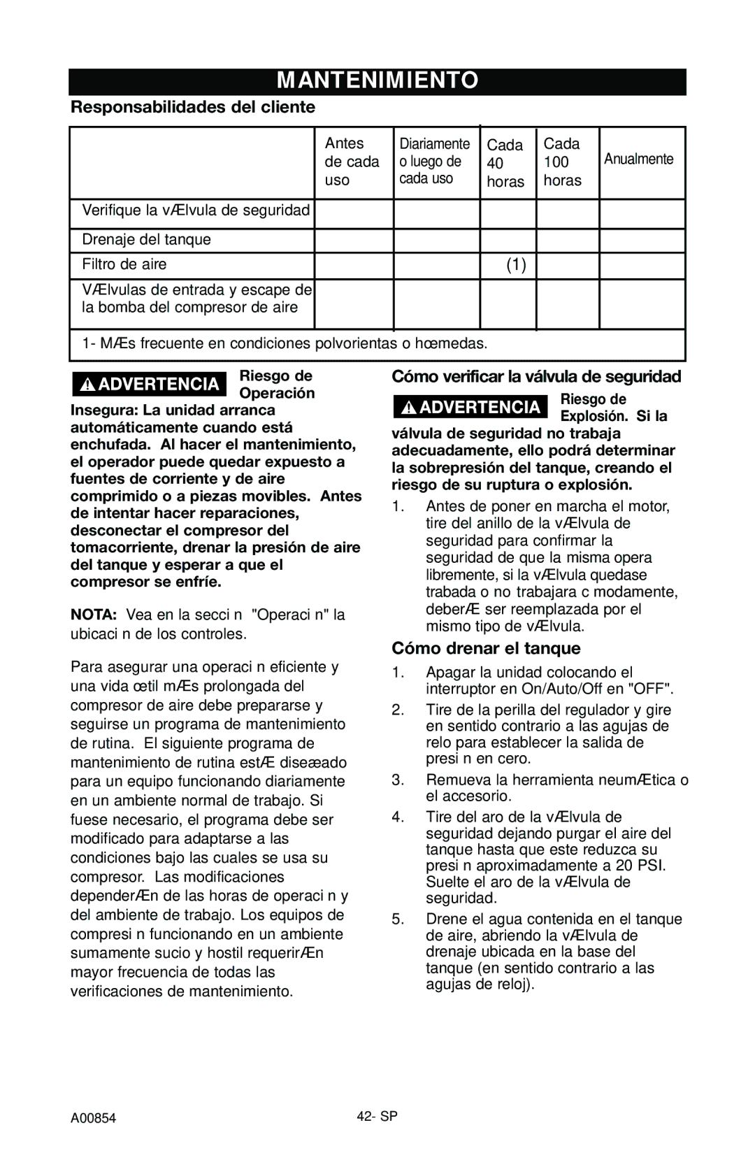 Craftsman 919.16558 owner manual Mantenimiento, Responsabilidades del cliente, Cómo verificar la válvula de seguridad 