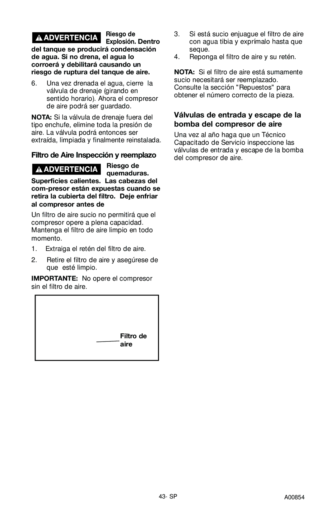 Craftsman 919.16558 owner manual Filtro de Aire Inspección y reemplazo, Filtro de aire 