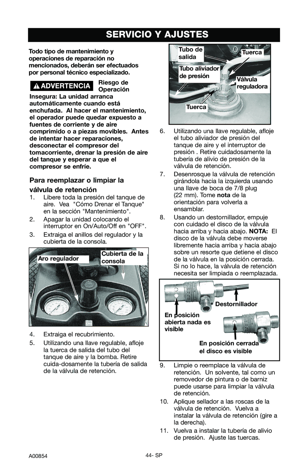 Craftsman 919.16558 Servicio Y Ajustes, Para reemplazar o limpiar la válvula de retención, Aro regulador, Consola 