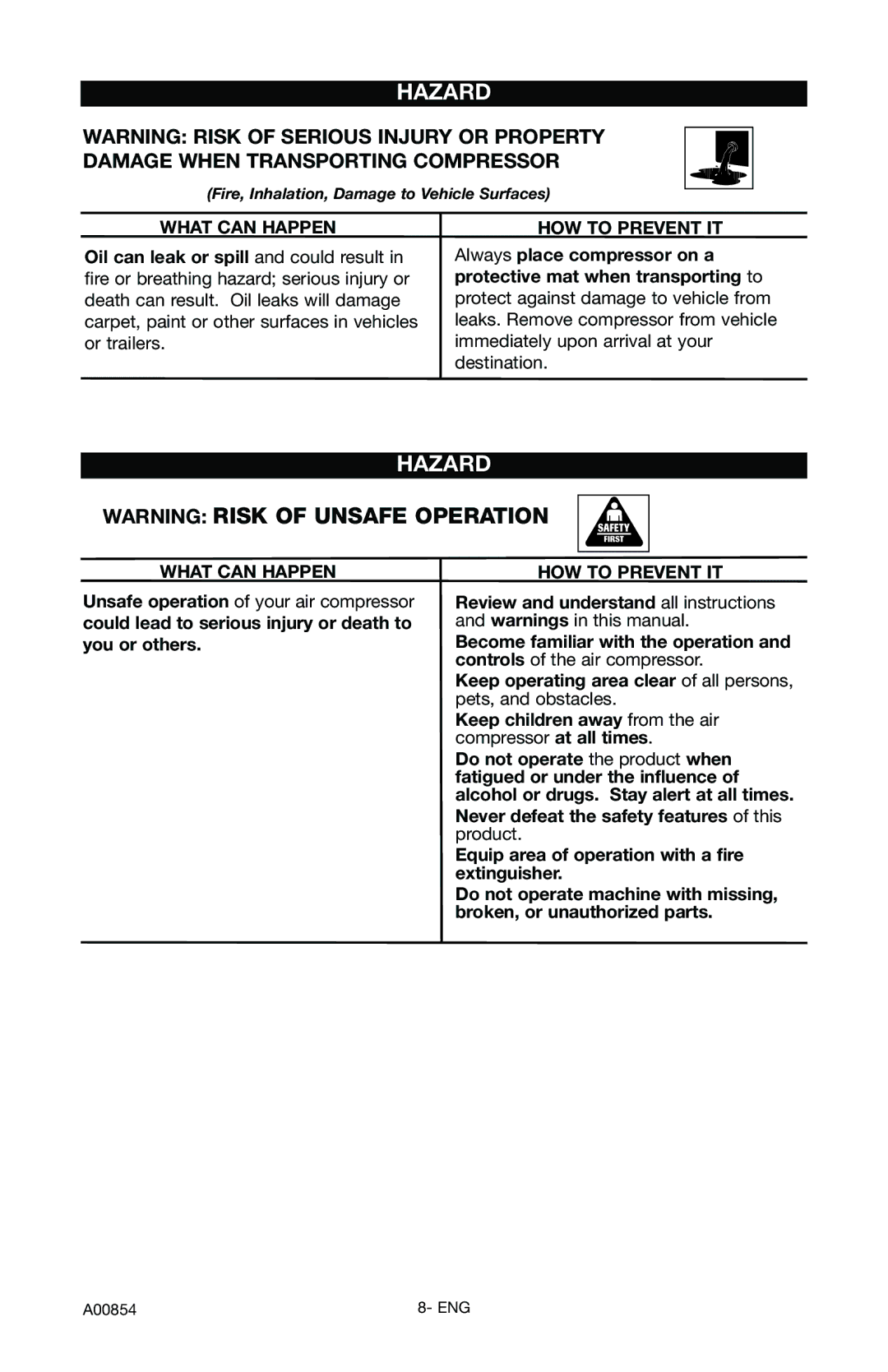 Craftsman 919.16558 owner manual Fire, Inhalation, Damage to Vehicle Surfaces 