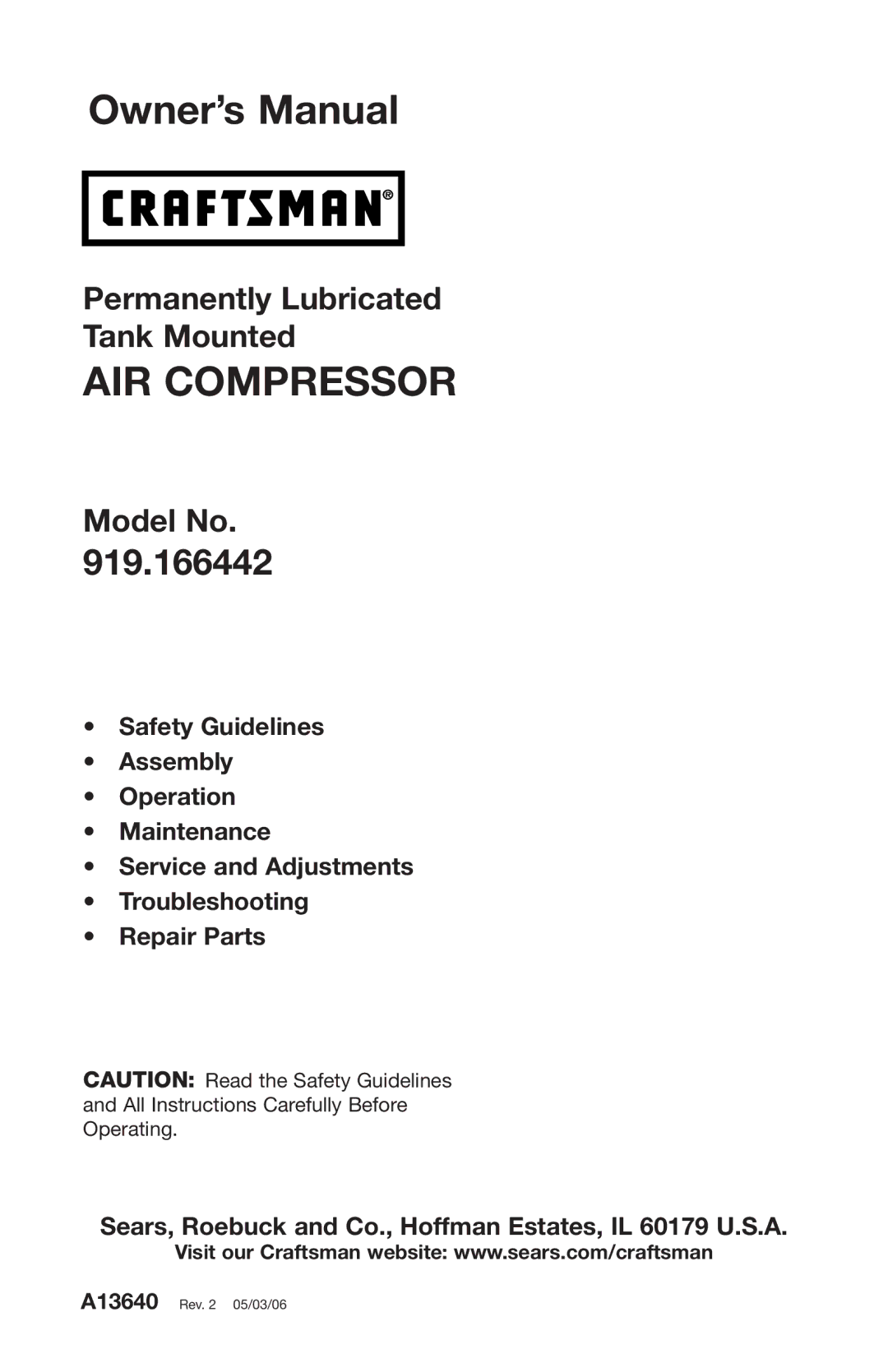 Craftsman 919.166442 owner manual AIR Compressor 