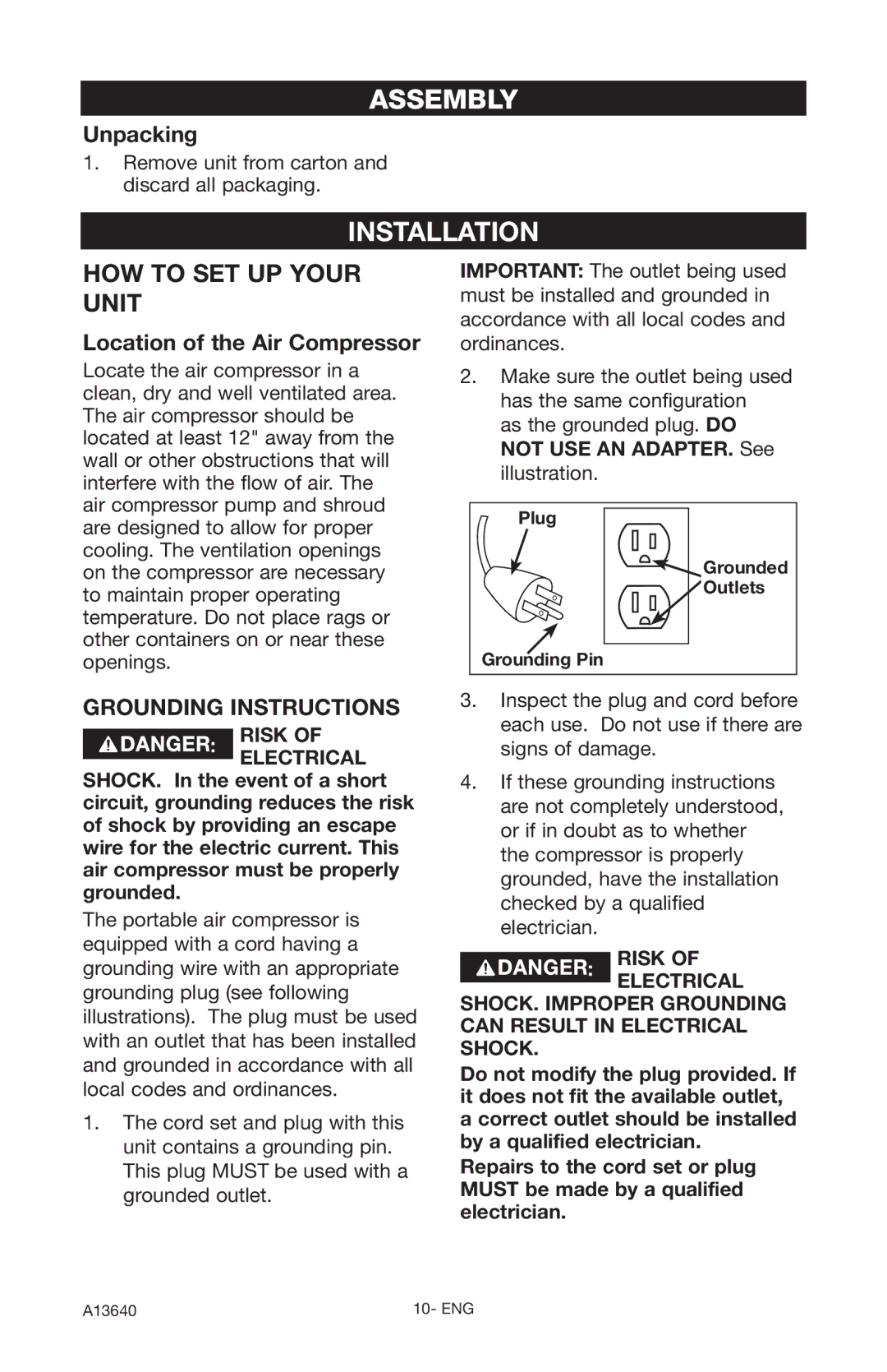 Craftsman 919.166442 owner manual Assembly, Installation, Unpacking, Location of the Air Compressor, Grounding Instructions 