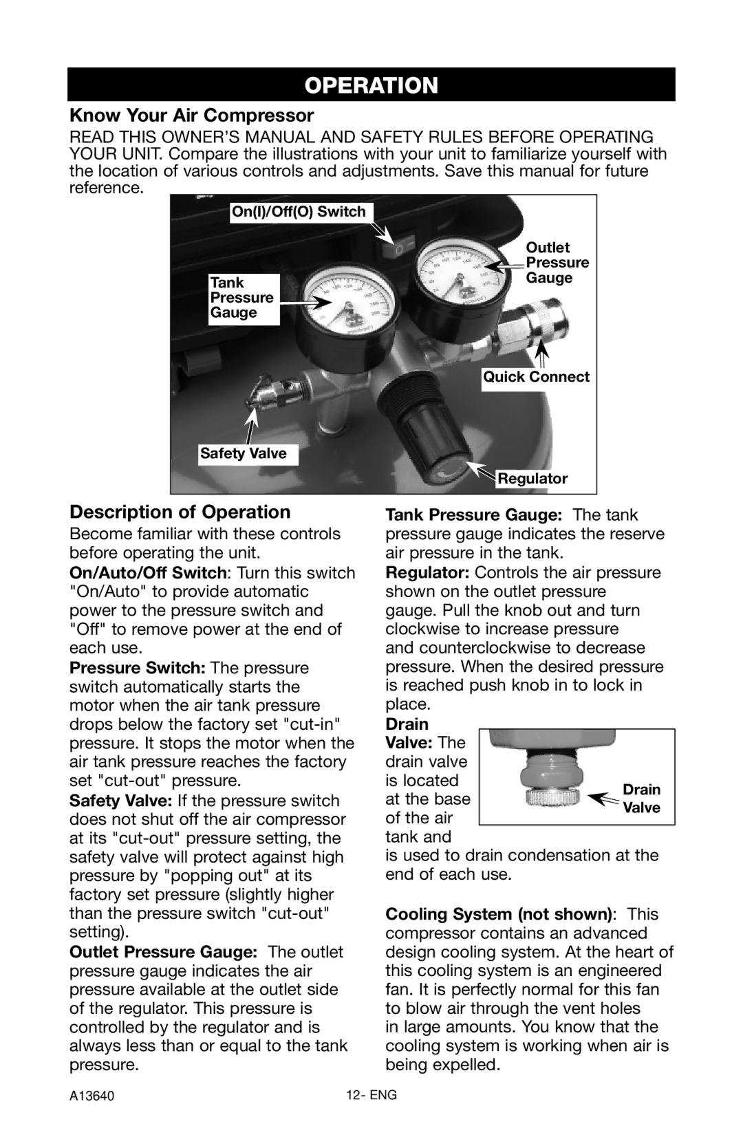 Craftsman 919.166442 Know Your Air Compressor, Description of Operation, Drain Valve, Cooling System not shown This 