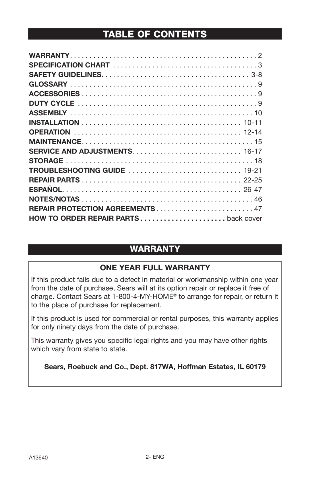 Craftsman 919.166442 owner manual Table of Contents 