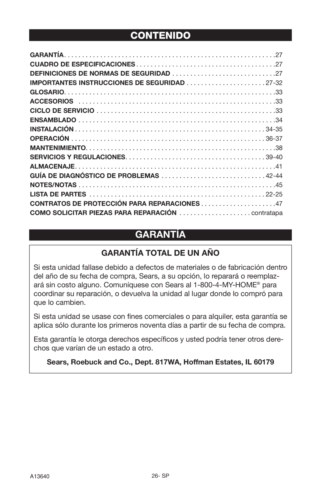 Craftsman 919.166442 owner manual Contenido, Garantía Total DE UN AÑO 